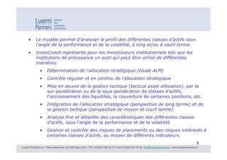 •      Le modèle permet d’analyser le profil des différentes classes d’actifs sous
             l’angle de la performance et de la volatilité, à long et/ou à court terme.
      •      InvesCoach représente pour les investisseurs institutionnels tels que les
             institutions de prévoyance un outil qui peut être utilisé de différentes
             manières:
                •      Détermination de l’allocation stratégique (étude ALM)
                •      Contrôle régulier et en continu de l’allocation stratégique
                •      Mise en œuvre de la gestion tactique (tactical asset allocation), par la
                       sur-pondération ou de la sous-pondération de classes d’actifs,
                       l’accroissement des liquidités, la couverture de certaines positions, etc.
                •      Intégration de l’allocation stratégique (perspective de long terme) et de
                       la gestion tactique (perspective de moyen et court terme)
                •      Analyse fine et détaillée des caractéristiques des différentes classes
                       d’actifs, sous l’angle de la performance et de la volatilité
                •      Gestion et contrôle des risques de placements ou des risques inhérents à
                       certaines classes d’actifs, au moyen de différents indicateurs
                                                                                                                                                               5
Lusenti Partners LLC · Rue Juste Olivier 22 1260 Nyon (VD) · Tél. +41(0)22 365 70 70 · Fax+41(0)22 361 07 36 · info@lusenti-partners.ch · www.lusenti-partners.ch
 