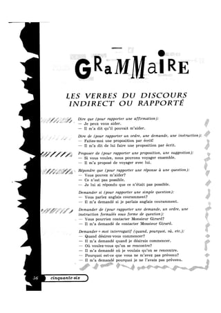 %wm ,~
aMMaRE
LES vrmrs no prscoogs
INDIRECT OU RAPPORTE
Dire que (pour rapporter une affirmation):
it 7 —— Je peux vous aider.
— I1 m’a dit qu’il pouvait m’aider.
5 Dire de (pour rapporter un ordre, une demande, une instruction)
i — Faites-moi une proposition par écrit!
-—— I1 m’a dit de lui faire une proposition par écrit.
Proposer de (pour rapporter une proposition, une suggestion):
L — Si vous voulez, nous pouvons voyager ensemble.
—— I1 m’a proposé de voyager avec lui.
L Répondre que (pour rapporter une réponse ii une question):
— Vous pouvez m’aider?
— Ce n’est pas possible.
—— Je lui ai répondu que ce n’était pas possible.
Demander si (pour rapporter une simple question):
— Vous parlez anglais couramment?
— I1 m’a demandé si je parlais anglais couramment.
we
gr Demander de (pour rapporter une demande, un ordre, une
’ it it instruction formulés sous forme de question):
— Vous pourriez contacter Monsieur Girard?
— I1 m’a demandé de contacter Monsieur Girard.
’ ‘ Demander+ mot interrogatif (quand, pourquoi, oii, etc.):
7
— Quand désirez-vous commencer?
— I1 m’a demandé quand je désirais commencer.
— Oil voulez-vous qu’on se rencontre?
— I1 m’a demandé oil je voulais qu’on se rencontre.
— Pourquoi est-ce que vous ne m’avez pas prévenu?
— I1 m’a demandé pourquoi je ne l’avais pas prévenu.
K /,* i
a
cinquante-six )
 