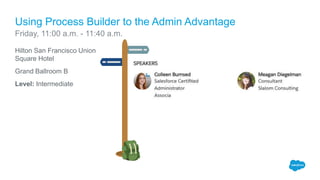 Hilton San Francisco Union
Square Hotel
Grand Ballroom B
Level: Intermediate
Using Process Builder to the Admin Advantage
Friday, 11:00 a.m. - 11:40 a.m.
 