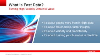 Copyright © 2013, Oracle and/or its affiliates. All rights reserved.7
What is Fast Data?
Turning High Velocity Data into Value
 It’s about getting more from in-flight data
 It’s about faster action, faster insights
 It’s about visibility and predictability
 It’s about running your business in real-time
 