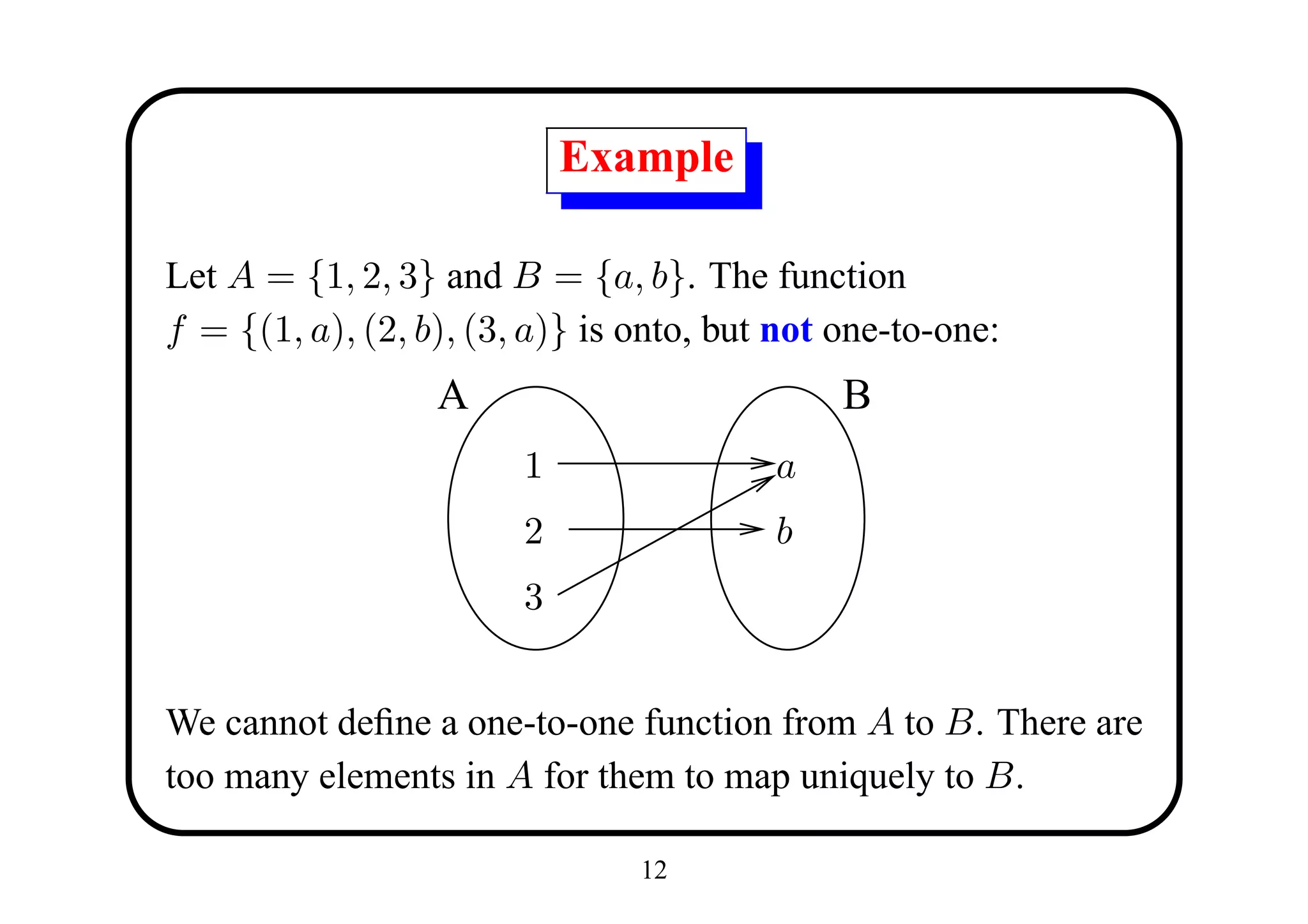 Example

Let A = {1, 2, 3} and B = {a, b}. The function
f = {(1, a), (2, b), (3, a)} is onto, but not one-to-one:
                  A                           B
                        1                a
                        2                b
                        3


We cannot deﬁne a one-to-one function from A to B. There are
too many elements in A for them to map uniquely to B.

                                12
 