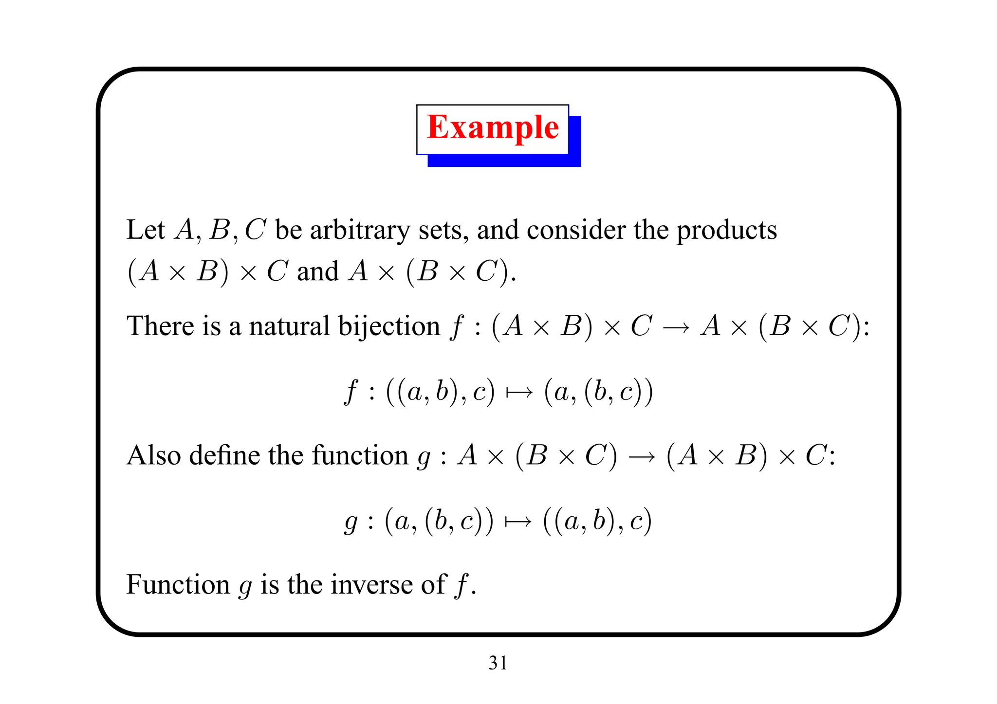 Example

Let A, B, C be arbitrary sets, and consider the products
(A × B) × C and A × (B × C).
There is a natural bijection f : (A × B) × C → A × (B × C):

                   f : ((a, b), c) → (a, (b, c))

Also deﬁne the function g : A × (B × C) → (A × B) × C:

                   g : (a, (b, c)) → ((a, b), c)

Function g is the inverse of f .

                                   31
 
