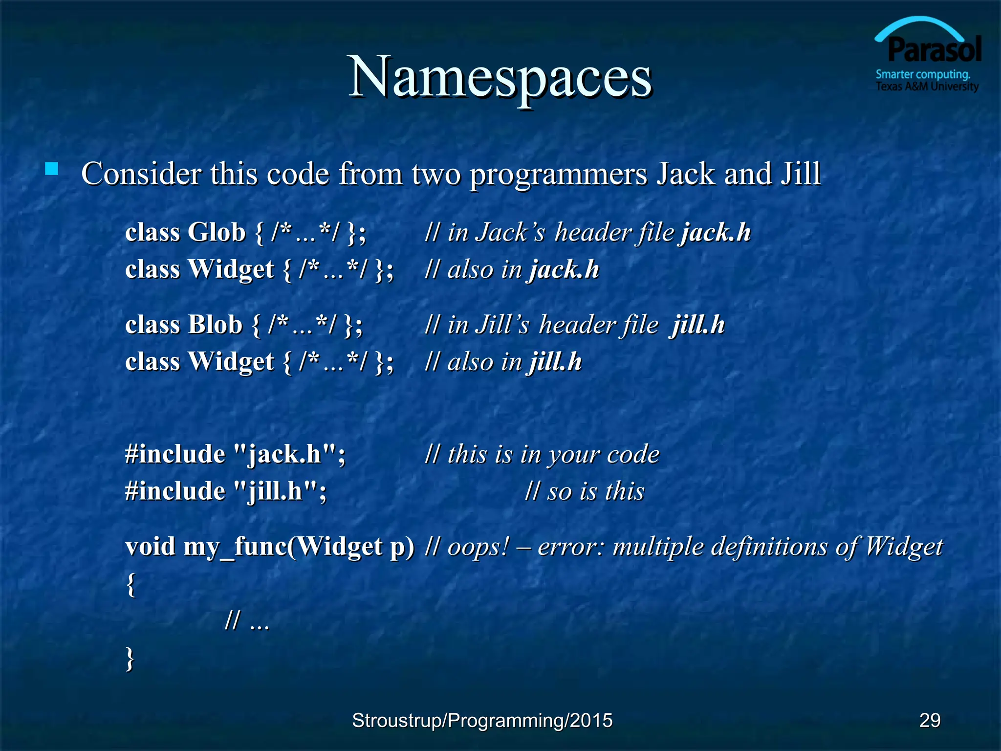 Namespaces
Namespaces
 Consider this code from two programmers Jack and Jill
Consider this code from two programmers Jack and Jill
class Glob { /*
class Glob { /*…
…*/ };
*/ }; //
// in Jack
in Jack’s header file
’s header file jack.h
jack.h
class Widget { /*
class Widget { /*…
…*/ };
*/ }; //
// also in
also in jack.h
jack.h
class Blob { /*
class Blob { /*…
…*/ };
*/ }; //
// in Jill
in Jill’s header file
’s header file jill.h
jill.h
class Widget { /*
class Widget { /*…
…*/ };
*/ }; //
// also in
also in jill.h
jill.h
#include "jack.h";
#include "jack.h"; //
// this is in your code
this is in your code
#include "jill.h";
#include "jill.h"; //
// so is this
so is this
void my_func(Widget p)
void my_func(Widget p) //
// oops! – error: multiple definitions of Widget
oops! – error: multiple definitions of Widget
{
{
//
// …
…
}
}
29
29
Stroustrup/Programming/2015
Stroustrup/Programming/2015
 