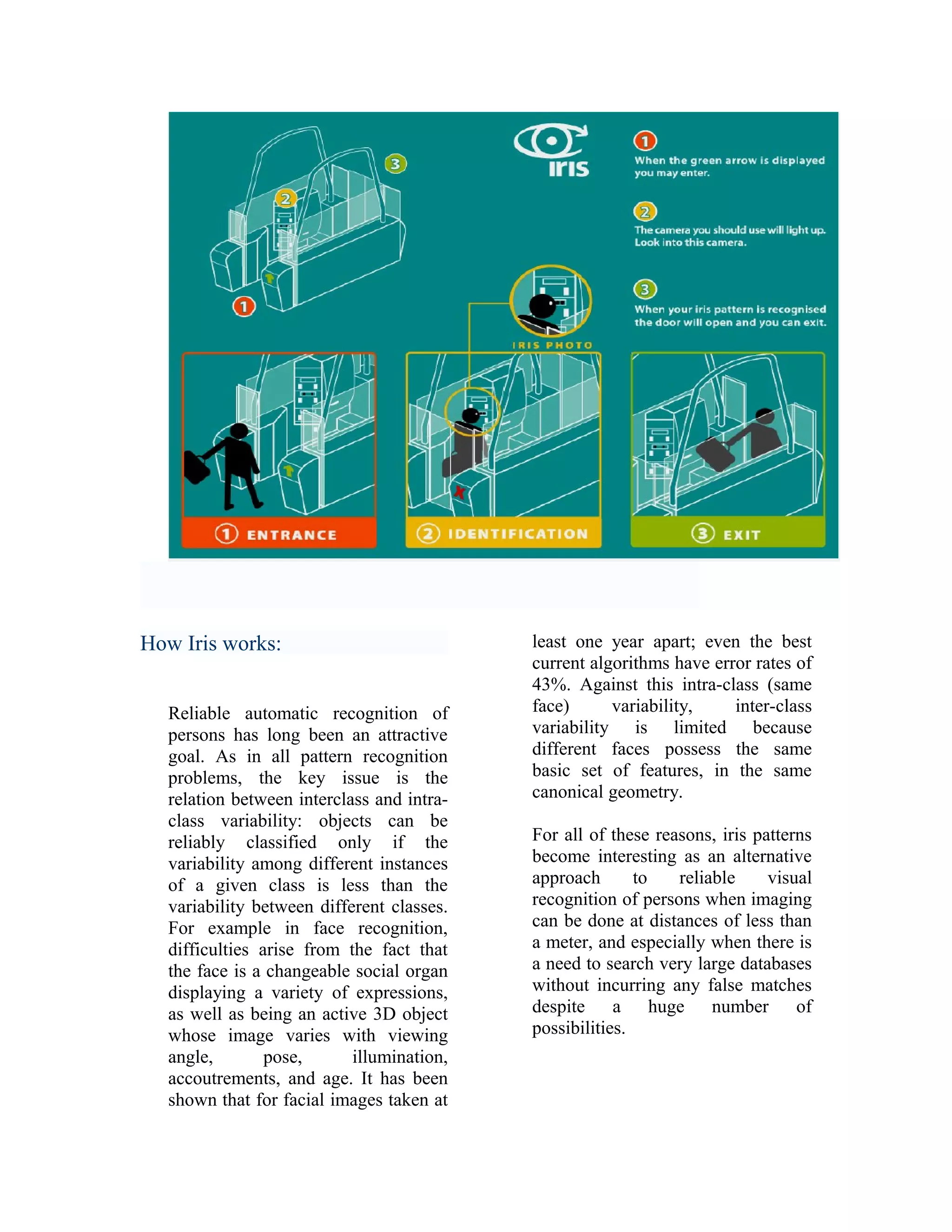 How Iris works:
Reliable automatic recognition of
persons has long been an attractive
goal. As in all pattern recognition
problems, the key issue is the
relation between interclass and intraclass variability: objects can be
reliably classified only if the
variability among different instances
of a given class is less than the
variability between different classes.
For example in face recognition,
difficulties arise from the fact that
the face is a changeable social organ
displaying a variety of expressions,
as well as being an active 3D object
whose image varies with viewing
angle,
pose,
illumination,
accoutrements, and age. It has been
shown that for facial images taken at

least one year apart; even the best
current algorithms have error rates of
43%. Against this intra-class (same
face)
variability,
inter-class
variability is limited because
different faces possess the same
basic set of features, in the same
canonical geometry.
For all of these reasons, iris patterns
become interesting as an alternative
approach
to
reliable
visual
recognition of persons when imaging
can be done at distances of less than
a meter, and especially when there is
a need to search very large databases
without incurring any false matches
despite a huge number of
possibilities.

 