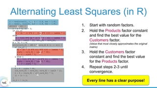 Alternating Least Squares (in R)
U	=	rand(nrow(X),	r,	min	=	-1.0,	max	=	1.0);		
V	=	rand(r,	ncol(X),	min	=	-1.0,	max	=	1.0);		
while(i	<	mi)	{	
			i	=	i	+	1;	ii	=	1;	
			if	(is_U)	
						G	=	(W	*	(U	%*%	V	-	X))	%*%	t(V)	+	lambda	*	U;	
			else	
						G	=	t(U)	%*%	(W	*	(U	%*%	V	-	X))	+	lambda	*	V;	
			norm_G2	=	sum(G	^	2);	norm_R2	=	norm_G2;					
			R	=	-G;	S	=	R;	
			while(norm_R2	>	10E-9	*	norm_G2	&	ii	<=	mii)	{	
					if	(is_U)	{	
							HS	=	(W	*	(S	%*%	V))	%*%	t(V)	+	lambda	*	S;	
							alpha	=	norm_R2	/	sum	(S	*	HS);	
							U	=	U	+	alpha	*	S;			
					}	else	{	
							HS	=	t(U)	%*%	(W	*	(U	%*%	S))	+	lambda	*	S;	
							alpha	=	norm_R2	/	sum	(S	*	HS);	
							V	=	V	+	alpha	*	S;			
					}	
					R	=	R	-	alpha	*	HS;	
					old_norm_R2	=	norm_R2;	norm_R2	=	sum(R	^	2);	
					S	=	R	+	(norm_R2	/	old_norm_R2)	*	S;	
					ii	=	ii	+	1;	
			}			
			is_U	=	!	is_U;	
}	
1.  Start with random factors.
2.  Hold the Products factor constant
and find the best value for the
Customers factor.
(Value that most closely approximates the original
matrix)
3.  Hold the Customers factor
constant and find the best value
for the Products factor.
4.  Repeat steps 2-3 until
convergence.
1
2
2
3
3
4
4
4
Every line has a clear purpose!
 