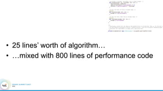 •  25 lines’ worth of algorithm…
•  …mixed with 800 lines of performance code
 