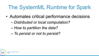 The SystemML Runtime for Spark
•  Automates critical performance decisions
– Distributed or local computation?
– How to partition the data?
– To persist or not to persist?
 
