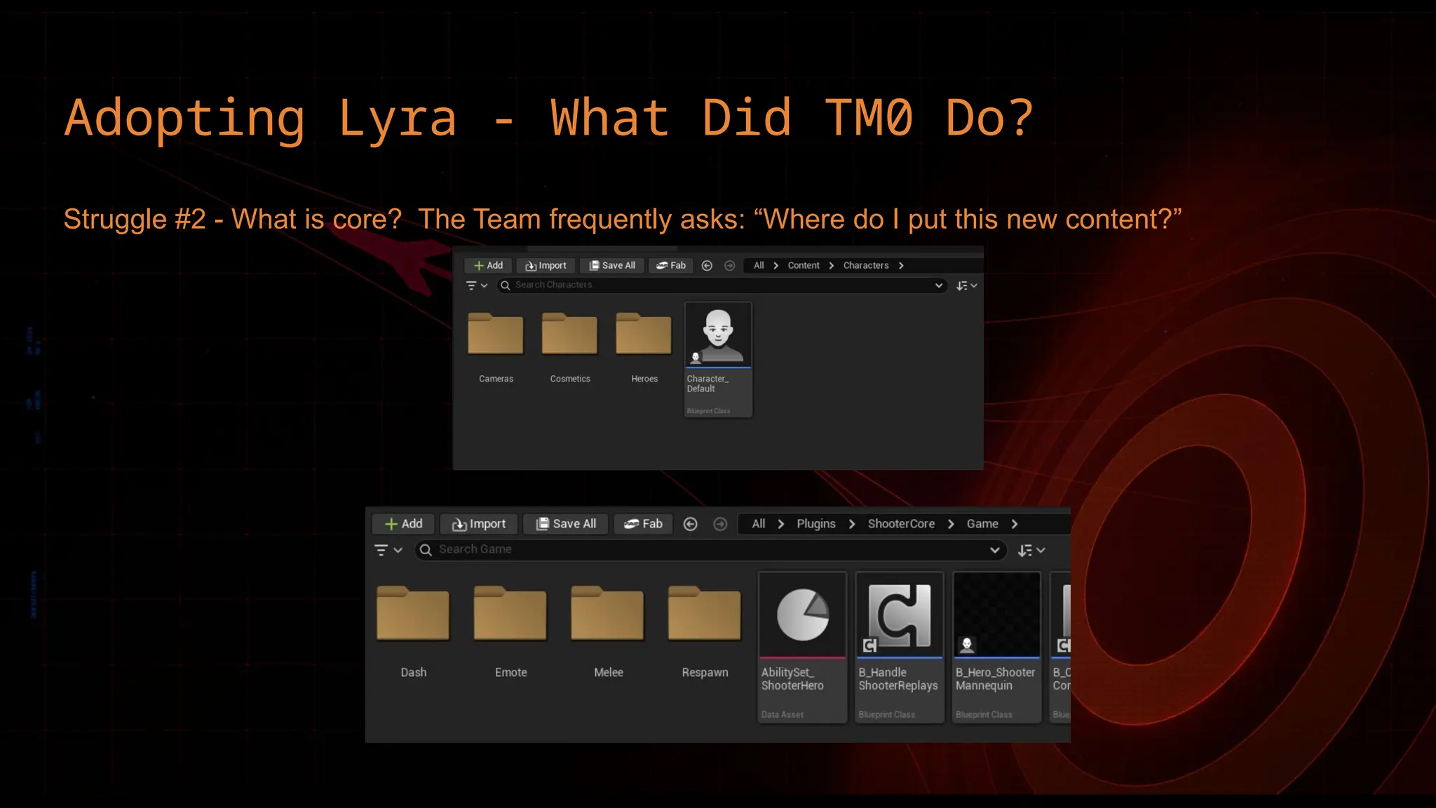Adopting Lyra - What Did TM0 Do?
Struggle #2 - What is core? The Team frequently asks: “Where do I put this new content?”
 