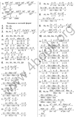 X
го
I-
'5
X
’х
о:
.5
L
q
ос
О
го
S
X
т
> .
о .
5
Ъ
о
3
L
£
^
Ш
1_
<
РЧ
C
S
J
3)
100'' 10" _ ( I 0 " f ■10“ ^ 10" 10** ^
10’
10 ’
4)
ю " _
1000^ 10° (10^)^ 10^ 10" 10’
10‘
10“
(lO’ f
1
10’ 10'
1
10’ 1000
1.
2.
3.
4.
A)
Б)
B)
Г)
Д)
б.
А )
Завдання в тестовій формі
В); Д).
Б); Д).
Б), бо
З а Ь ‘ З^аЧЬ^Г 9а-Ь*
(т“
')' ш"
A3, Б4, В2 , Г5, Д1
ab а + Ь аЬ{а + ft) ab
а + Ь 3 (а + ft) 3 У ’
а - Ь 3 ( а - f t ) -4 3 _
ab а - Ь аЬ{а - ft) aft ’
а - Ь а + Ь (а - Ь){а + ft) а - ft
а + Ь 3 (а + ft) 3 3
3 а" + ft 3
а^ + Ь а - Ь а - Ь ’
а - Ь аЬ ( а - Ь ) - аЬ 1
ЗаЬ а - Ь ЗаЬ(а - ft) ‘ 3 '
A4, Б1, В5,, Г2, ДЗ
х - 3 (X + 2Y
Б)
х + 2 - 9
(х - 3)(j: + 2 f ^ ^ + 2 .
{х + 2)(х - 3)(х + 3) х + З ’
х ^ ~ 4 х + 3
В)
3 + д
: ( x - 2 f ^
(х - 2)(х + 2)(х + 3) _ х + 2
(X + 3)U - 2 f ~ X - 2 ’
х + 1 ( x - 3 f
х - 3 х^ - 1
{X + 1)(дг - 3)=" х - 3
(д: - 3)(л: - 1)(х + 1) х - 1
(x + 3 f .у -2
х ^ ~ 4 ' х + 3
_ (x + 3 f { x ~ 2 ) х + 3
~ ( X - 2)(х + 2){х + 3 ) " х + 2 ’
х~ - 1 х - 3
Д)
(х - 3 )" д: + 1
(х - 1)(л: + 1)(х - 3) х - 1
( x - 3 f ( x + D х - 3
7. В), бо
х - 5 х - 5 х - 5
X- + 4 х 5х + 20 х^ + 4х
Ьх + 20 ( х - 5 ) 5(х + І ) ^ 5
X
х - 5
8. А ), бо
х(х + і) ( х - 5)
(х - 1 )" (х + 1)"
х + 1
( X + 1)(х - 1)(х + 1)
9. Б), бо
а а(а^ + Ь‘ )
х ‘ - 1
= х - 1 .
а + Ь-
^ 1
аЬ(а- + Ь") Ь'
д- +
ab
а + Ь
10. А2, Б5, В4, Г1, ДЗ
А )
2х
+ 1
х + 2 2Х + Х + 2
З х - 2
х + 2
х + 2 ^ (Зх + 2)(х + 2)
Зх - 2 “ (X + 2)(3х - 2)
Б)
Зх
В)
х + 3
х + 3 _
4 х - 3
4х
х + 3
х + 2
Зх + 2 ,
“ Зх - 2 ’
Зх + X + 3
(,х + '
х + 4 _
5 х - 4 ’
Зх
Г)
х - 3
х - 3 ^
4х + 3 ”
2х
Д)
+ 1
, 4 х - 3 х + 3
( 4 х + 3 )(х + 3) 4 х + 3
(X + 3)(4 х - 3) “ 4 х - 3 ’
+ 1 І ^ + 4 4 х + х + 4
J 5 х - 4 х + 4
(5 х + 4 )(х + 4) _ 5х + 4 ,
( х + 4 )(5 х - 4) “ 5х - 4 ’
х - 3 _ 3 х + х - 3
, 4х + 3 х - 3
( 4 х - 3 ) ( х - 3 ) _ 4 х - 3
(X - 3)(4 х + 3) 4х + 3 ’
х - 2 2Х + Х - 2
+ 1
Зх + 2
х - 2
х - 2 _ (Зх - 2)(х - 2)
^ (х - 2)(3х + 2)
х - 2
З х - 2
Зх + 2
25л'
Зх + 2 '
- Ютп + 6 т - п
т - 5п
11. Б), бо
18m -З л
(5п - mf(&m - п) _
3 ( 6 т - п)(т - 5п)
_ ( т - 5nf(6m - п) _ т - 5п
3 ( 6 т - л ) ( т - 5 л ) 3
т " - тп т " - 2тп + гг
12. Г), бо
т{т ~ п)
т
'^
-
т - п
т
_ m V
im - rif
т п
т{т - п) ггГп^
т^{т - п)^
w
w
w
.
4
b
o
o
k
.
o
r
g
 