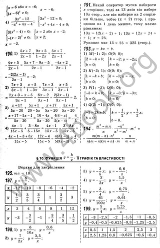 г
4)
х = 6 або X = -6;
(X - 6 f * 0;
Зх" - 12
-х^ + 4х - 4
л: = -6;
Зх'‘ -1 2 = 0;
-х^ + 4х - 4 Ф 0
-,
3(,х^ - 4) = 0; х = 2 або х - -2;
- ( x - 2 f * 0 ; U ^ 2 ;
- -2.
. 5д: + 7 9j
c + 5
W O .i) -— - +
5х + 7
2л: - 1 1 - 2л: 2д: - 1
9х + 5 5х + 7 - 9j: - 5 -4д: + 2
2л:- 1
-2(2х -1 )
2д:-1
7д: + 3
2) ^ г +
2д:-1
= -2;
х + 5 7х + 3
2д:-1
д: + 5
Зл: - 1 1 - З х Зх - 1 Здг - 1
ІХ + 3 - Х - 5 G x - 2 2(3х -1 )
Зх - 1 Зх - 1 Зл: - 1
* + 17 Ьх + 1
= 2;
л:+ 17 5ж + 1
3) г +
Ьх - 20 20 - 5х 5х - 20 5х - 20
Ж+ 1 7 -5 Х -1 1 6 -4 * 4 (4 -X ) 4
5* - 20 ” 5* - 20 “ 5(* - 4) “ 5 ’
4 * - 1 3 - 8 * ^ 4 * - 1 _ 3 - 8 * ^
15* - 5 5 -1 5 * “ 1 5 *-5 1 5 * - 5 “
_ 4 * - 1 - 3 + 8* _ 1 2 *-4 4 (3 *-1 ) 4
1 5 *-5 “ 1 5 *-5 ” 5 (3 *-1 )“ 5'
191. Нехай оператор мусив набирати
* сторінок, тоді за 13 днів він набере
13* стор., але він набирав на 2 сторін­
ки більше, тобто (* + 2) стор. і пра­
цював на 1 день менше, тому маємо
рівняння:
13* = 12(* + 2) т 1; 13* = 12* * 24
+ 1; * = 25.
Рукопис має 13 X 25 = 325 (стор.).
193. У = kx + ь.
1) М (-1 ; 2); 0(0; 0);
2 = - k + b; Ik = - 2 ; І/ = -2х;
Ь = 0; Ь = 0;
2) АГ(-3; 1); 0(0; 0);
l = - k + b;
Ь = 0;
k = -1; у = -*;
0 = 0;
3) Р(1; -3 ); 0(0; 0);
-3 = k + b
-,
fe = 0;
k = -3; у = -З*;
6 = 0;
4) Q(2; -1 ); 0(0; 0);
-1 = 2А + ft;
Ь = 0;
194 .
1 1
я = — ; і/ = — *;
2 ^ 2
fc = 0.
п п - т
т(т - п) -
п(т - п)(т + п) ■т т + п
§ 10. ФУНКЦІЯ у її ГРАФІК ТА ВЛАСТИВОСТІ
Вправи для закріплення
195. тп = 18.
197. у = - - .
X
* -12 -10 -8 -6 -4 -2
1 3 3 1 3 Q
у
2 5 4
і.
2
О
198.1) !/ =
10*
у =
; у =-
3,5
0,6
д
: 2 4 6 8 1 12
г
/ -3
3
-1
3 3 1
2 4 5 2
З 0,6
3) у = - - х ; у = ------- ;
5 *
З 1,5
4) !/ = - — ; у = -------;
2* *
3 0,75
5) г/ = -т ^ ; у =--------- ;
4 *
61 0,61
6) '/ = 7 7 ^ : У = -
100*
199.у = '^х-.
4
У = ■
*
1,25
* -3 -2,5 -2 -1,5 -1 -0,5
У -0,4 -0,5 -0,625 -0,8 -1,25 -2,5
X 0,5 1 1,5 2 1 2,5 3
У 2,5 1,25 0,8 -0,625 1-0,5 -0,4
w
w
w
.
4
b
o
o
k
.
o
r
g
 