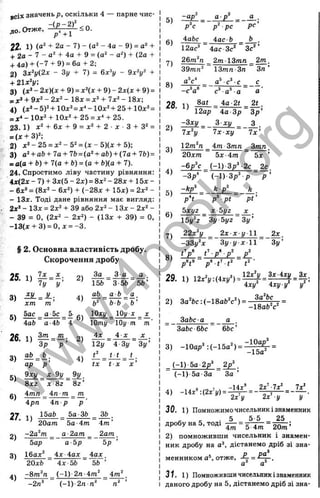 г всіх значень р, оскільки 4 — парне чис-
діо.Отже,
22. 1) + 2а - 7) - (а^ - 4а - 9) = а" +
+ 20 - 7 - а^ + 4а + 9 = (а^ - а^) + (2а +
+ 4а) + (“ 7 + 9) = 6а + 2;
2) Зї^і/(2х - Зі/ + 7) = - Эд:';/'' +
+ Zlx^y;
3) (х‘ - 2 х ) { х + 9) = х х + 9 ) - 2 х ( х + 9) =
= + 9*^' - 2х^ - 18х = х^ + 7х^ - 18х;
4) { x ^ - b f + l 0x^= x * - l 0x^ + 2b + l 0x^=
= х*~ ІОл:^ + ІОх^ + 25 = х" + 25.
23. 1) + 6х + 9 = + 2 • X • З + 3^ =
= (х + 3)^
2) х ’‘ -2 5 = х2-52 = (х - 5 )(х + 5);
3) а^+ а6 + 7а + 7Ь = (а^ + а6) + (7а + 7Ь) =
= а(а + Ь) + 7(а + ft) = (а + ft)(a + 7).
24. Спростимо ліву частину рівняння;
4х(2х - 7) + Зх(5 - 2х) = 8х^ - 28х + 15х -
- 6х* = (8х^ - 6x2) + (-28х + 15х) = 2х^ -
- ІЗх. Тоді дане рівняння має вигляд:
2х* - ІЗх = 2х^ + 39 або 2х^ - ІЗ х - 2х^ -
- 39 = О, (2х^ - 2х^) - (ІЗ х + 39) = О,
-13(х + 3) = 0, х = -3.
§ 2. Основна властивість дробу.
Скорочення дробу
25.
3)
5)
26.
3)
5)
6)
27.
2)
3)
4)
1^ ї х X ,
іу ~ у ’
м . = У.
хт т
бос а- 5с 5
.
4аЬ а- 46 4
1)
Зт
Зр
_ m .
" Р ’
ab ^Ь.
ар' ' р ’
9ху X 9у '
8x 2 X ■8г
4тп 4 п т
2)
4)
6)
2)
4)
За З о
15Ь
ab _
3-5Ь
a b
а .
'5 6 ’
а^_
Ь ’
Ь Ь
Юху ІОі/ X х
Юту ІОу т т'
і х _ 4-х ^ X .
4 Зі/ Зу’
t t t
121
/
tx t x
8г '
_ т
4рп 4п -р р '
15aft _ 5o-3ft
20am Ьа-4т
~2a^m a-2am
3b .
4m ’
2am
bap
Ыах'^
a b p bp
4x 4ox 4ox
20xft 4x-5ft 5b ’
-Sm^n ( - l ) -2n -4m^ _ 4m‘‘ .
-2n^ ~ ( - l ) - 2 n n'‘ ’
5) ^ = — 2 ^ = — ^ ;
p^c p^ pc pc
6)
7)
8)
4aftc 4ac b
12ac^ 4ac 3c‘ 3c‘ ’
26m^n 2 m l 3 m n _2 m.
39mn^ ІЗтп-Зп 3n ’
a^c* _ a° ■ ■с _ с
с' a" a о
4o-2( 2t
28. 1) ^ _______
12op 4a 3p 3 p ’
2)
3)
4)
5)
6)
7)
8)
-3xy 3 xy _ 3
7x‘y 7 x x y 7 x ’
12m‘n 4m 3mn 3mn.
20xm 5x-4m ~ 5x ’
-6 p V (-l)-3 p ^ -2 c _2 c
- з у ( - І ) З р ^ р p '
- V k p^ _ ft
p^ pt p t ’
bxyz x b y z X
15y^z Зу-буг 3y’
22x^y 2 x x j/ 11 2x.
-ЗЗу^х 3y y x l l 3y’
t P P P - P
p V
29. 1) i2xV:(4x,^) =^ =5 ^ =^ ;
4X
1/“ 4xyy‘ y‘
2) 3 o V :(- 1 8 o ftV ) = - ^ % ^ =
nj
Q.
_u
Ü
Ö
s
s
I
T
g
Ъ
о
S
LU
1_
<
ЗаЬс а a .
3abc-6bc~ 6ftc’
3) -lOop" :(-1 5 o") =
2, -lOop^
-15o"
(-1 ) бо 2p^ _ 2p 
(-l)-5 a Зо За ’
4) -14x’ :(2x'y) =
-14i’ 2x'-7x' 7x‘
2x’y 2x’ i/ у '
30. 1) Помножимо чисельник і знаменник
. 5 5 5 25
д р о б у н а 5, ТОДІ ^ = ^ =
2) П О М Н О Ж И В Ш И чисельник і знамен­
ник дробу на о^, дістанемо дріб зі зна­
менником о*, отже, =
а‘ а“
31, 1) Помноживши чисельник і знаменник
даного дробу на 5, дістанемо дріб зі зна-
іп
CD
N
w
w
w
.
4
b
o
o
k
.
o
r
g
 