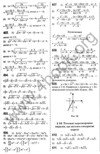 S) +W -^ = U +2)
' V д: +4JC + 4  ( ^ + 2)^
( £ + В ^ = .^ (^ Ц ^ = 5, я к щ о д :> -2 ;
' |;t+ 2
| ^ + 2
6 ) <
“ - W a ^ - 2 k b ^ - = ‘ “ - '’^ ; ^ F
_ ( о ^ ^ _ Ж і ^ = _2, якщ оа<Ь.
= a -ö
603. 1) V(m-2)' =|m-2|=ra-2,
якщо m > 2;
2) yjp’
‘ + 8p + 16=^ip + 4f =|p + 4
|= -p -4 ,
якщор < -4 ;
a - 5
Юо+ 25 ^ (a -5 f |a-5|
= 1
,
якщо а > 5;
= = якщод:< 1.
|at-l| x -1
604. 1) =
= |>/3-5|+>/3-1 = -ч/3 + 5+ %/3-1 = 4;
2J y]{3-yllf + V (2 -V 7 f =|з-,/7| +
+І2- л/7І = 3- >/7-(2 - n
/7) = 1
;
3) yJisfH-öy -7(n/21-4)' =|л/2Ї-5 -
-г / 2 Ї-4 = 5 -л / ^ -ч / 2 Ї + 4 = 9-2ч/И;
4) Vt + 4
>/з =^4 + 4ч/з+3= ^(2+ s
/з)' =2 + %
/
з
.
605. 1) ( y J b - S f = 5 -
n
/8-13 = 5 - n
/8+ n
/8-13 = -8;
2) V 3 -2 n
/
2 =V l-2x/2+ 2 = 7(1- n
/2)" =
= |і-л/2| = ч/2-1.
606. 1 ) 2 x V - Sxy^ = 2 x y 4 x - 4 y ‘ );
2) 49a^ - 36 = (7a)2 - 6^ = (7a - 6)(7a + 6);
3) 36ra^/i + 27m^n» = 9m2n(4m + 3n^);
5 4 2
.ym -Л
607 1) m^-4 _,(m -2)(m + 2) m -2 .
6 + 3 m 3 ( m + 2) 3 ’
+ 1 0 g + 25 ( g + 5)^ _ g + 5 .
4 a + 2 0 ~ 4 ( a + 5 ) 4
- 2 5 ( x - 5 ) ( x + 5) _ x + 5 ,
X ~ 5 ’
д
: -10x + 25 ( x - 5 f
x" - 8 x + 16 _ (л:-4)^
x ^ - 8 ~ x ^ - S '
Зауваження
д:^-8д: + 16. ( x - 4 f
x ^ - S ( x - 4 ) { x ^ + 4x + 16)
x - 4
x^ + 4x + W '
608. 2a
a - 6 g^-12a + 36
У a -8
J' 3 6 -a '
12а .. а 2д -д )(6 + а) ,
а -6 [ а - 6 (а-6)®^ а -8
12а (а^ -6 а -2 а )(6 -■а)(а + 6) , 12а
а -6 (а -б )^ (а --8) а -6
а(а - 8)(а-6)(а + 6) ^ 12а а(а + 6)
(а - 6 f (g - 8 ) ' -
а -6 а -6 ^
12а - 0^-6 g + 12a а(а
-®) = -а
а -6 а -6 а --6
Т О Т О Ж Н І С Т Ь доведено.
609. y = 3x + = 3x + 
х= дх - X = 2x,
якщо д
ґ < 0. Графіком є промінь у = 2х,
обмежений точкою 0(0; 0) (рис. 36).
Рис. 36
§ 18. Тотожні перетворення
виразів, що містять квадратні
корені
610. 1) 5V2 + 4n/2 = 9n/2;
2 ) 7,Уз-2ч/3 = 5л/3: 3) З^ІЇ + = 4^■,
4 ) 2n/ 5 - n/5 = n/5.
611. 1) 7ч/п' +2 % / и = 9 7 Г Г ;
w
w
w
.
4
b
o
o
k
.
o
r
g
 