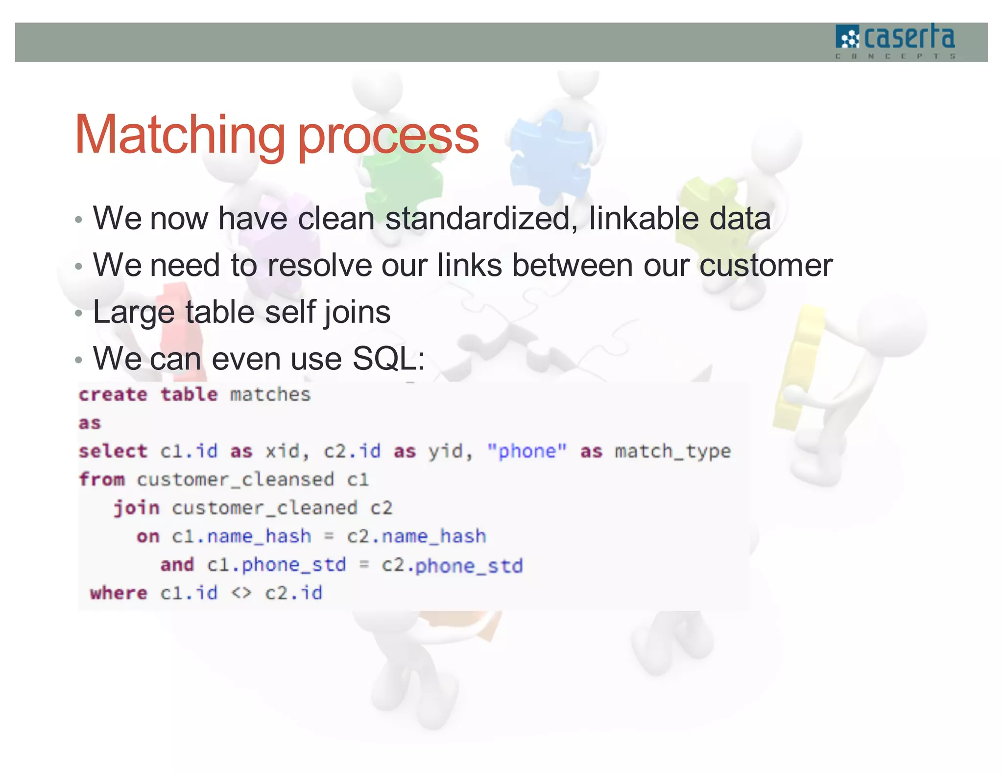 Matching process
• We now have clean standardized, linkable data
• We need to resolve our links between our customer
• Large table self joins
• We can even use SQL:
 