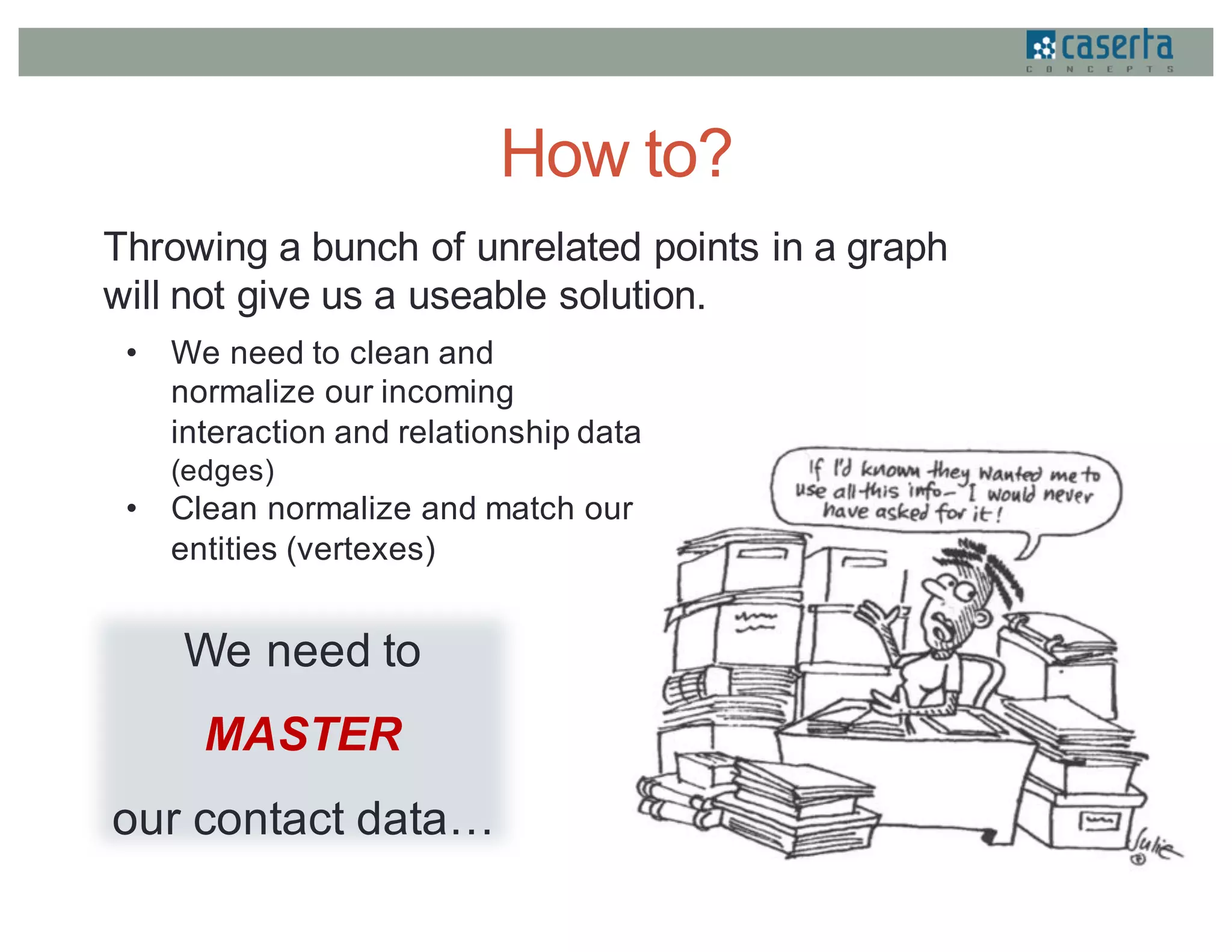 How to?
Throwing a bunch of unrelated points in a graph
will not give us a useable solution.
We need to
MASTER
our contact data…
• We need to clean and
normalize our incoming
interaction and relationship data
(edges)
• Clean normalize and match our
entities (vertexes)
 