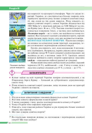 Розділ ІІI
120
від хмарності та прозорості атмосфери. Через те західні те­
риторії України, де спостерігається більше хмарних днів,
отримують протягом року менше сумарної сонячної енер­
гії, ніж східні на тих самих широтах. Річна кількість су­
марної сонячної енергії у межах України збільшується від
3500 МДж/м2
у північних районах до 5200 МДж/м2
на пів­
дні Криму (мал. 86 на с. 119). Частина сонячної енергії по­
глинається поверхнею Землі, а частина нею відбивається.
Поглинута енергія – це і є тепло, що надійшло на земну по­
верхню. Від ї ї кількості залежить нагрівання ґрунту, верхніх
шарів гірських порід і води, а від них нагрівається повітря.
ВПЛИВ ПІДСТИЛЬНОЇ ПОВЕРХНІ. Підстильна поверх­
ня впливає на кліматичні умови території, насамперед, че­
рез поглинання і перетворення сонячної енергії.
Ґрунти, рослинність, сніг, вода неоднаково її поглина­
ють і відбивають. Наприклад, вкрита свіжим снігом поверх­
ня відбиває понад 90 % всієї сумарної сонячної радіації, що
надійшла до неї, а поглинає лише 10 %. Здатність земної
поверхні відбивати сонячу енергію характеризує показник
альбедо – відношення відбитої радіації до сумарної.
Найменший показник альбедо мають водойми і зораний
чорнозем (10 %), найбільший – сніг. Улітку в зонах лісів і
лісостепу альбедо становить до 19 %, у степах – до 17 %.
Показник альбедо
різних поверхонь
ЗАПАМ’ЯТАЙТЕ
●● Клімат майже на всій території України помірно континентальний, а на
Південному березі Криму – близький до субтропічного середземномор­
ського типу.
●● Річна кількість сонячної енергії зумовлює зміну теплових умов на території
України з півночі на південь.
ЗАПИТАННЯ І ЗАВДАННЯ
1. 	Під дією яких кліматотвірних чинників формується клімат України?
2.	 Які типи клімату сформувалися в нашій країні?
3.	 У якому напрямку і чому зростає континентальність клімату в Україні?
4.	 Чому в Україні чітко виражені пори року?
5.	 Поясніть, чому південні райони України за рік отримують більше сонячної
енергії, ніж північні.
6.	 Що таке сумарна сонячна енергія?
------------------
7*.	Як підстильна поверхня впливає на поглинання і перетворення сонячної
енергії? Що таке альбедо?
Зорана поверхня
Сніг
Рослинність
Вода
 
