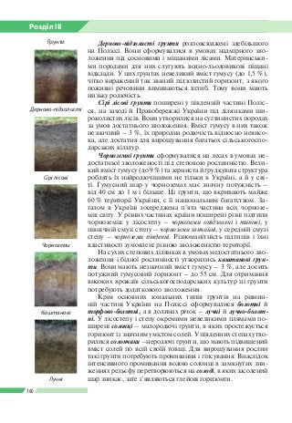 Розділ ІІI
160
Дерново-підзолисті ґрунти розповсюджені здебільшого
на Поліссі. Вони сформувалися в умовах надмірного зво­
ложення під сосновими і мішаними лісами. Материнськи­
ми породами для них слугують водно-льодовикові піщані
відклади. У цих ґрунтах невеликий вміст гумусу (до 1,5 %),
чітко виражений так званий підзолистий горизонт, з якого
поживні речовини вимиваються вглиб. Тому вони мають
низьку родючість.
Сірі лісові ґрунти поширені у південній частині Поліс­
ся, на заході й Правобережжі України під ділянками ши­
роколистих лісів. Вони утворилися на суглинистих породах
за умов достатнього зволоження. Вміст гумусу в них також
незначний – 3 %, їх природна родючість відносно невисо­
ка, але достатня для вирощування багатьох сільськогоспо­
дарських кільтур.
Чорноземні ґрунти сформувалися на лесах в умовах не­
достатньої зволоженості під степовою рослинністю. Вели­
кий вміст гумусу (до 9 %) та зерниста й грудкувата структура
роблять їх найродючішими не тільки в Україні, а й у сві­
ті. Гумусний шар у чорноземах має значну потужність –
від 40 см до 1 м і більше. Ці ґрунти, що вкривають майже
60 % території України, є її національним багатством. За­
галом в Україні зосереджена п’ята частина всіх чорнозе­
мів світу. У різних частинах країни поширені різні підтипи
чорноземів: у лісостепу – чорноземи опідзолені і типові, у
північній смузі степу – чорноземи звичайні, у середній смузі
степу – чорноземи південні. Різноманітність підтипів і їхні
властивості зумовлені різною зволоженістю території.
На сухих степових ділянках в умовах недостатнього зво­
ложення і бідної рослинності утворились каштанові ґрун­
ти. Вони мають незначний вміст гумусу – 3 %, але досить
потужний гумусовий горизонт – до 55 см. Для отримання
високих врожаїв сільськогосподарських культур ці ґрунти
потребують додаткового зволоження.
Крім основних зональних типів ґрунтів на рівнин­
ній частині України на Поліссі сформувалися болотні й	
торфово-болотні, а в долинах річок – лучні й лучно-болот­
ні. У лісостепу і степу окремими невеликими плямами по­
ширені солонці – малородючі ґрунти, в яких простежується
горизонт із значним умістом солей. У південних степах утво­
рилися солончаки –неродючі ґрунти, що мають підвищений
вміст солей по всій своїй товщі. Для вирощування рослин
такі ґрунти потребують промивання і гіпсування. Внаслідок
інтенсивного промивання водою солонці в замкнутих зни­
женнях рельєфу перетворюються на солоді, в яких засолений
шар зникає, зате з’являються глейові горизонти.
Каштанові
Лучні
Дерново-підзолисті
Сірі лісові
Чорноземи
Ґрунти
 