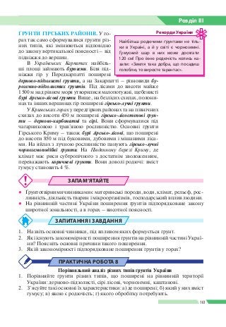 Розділ ІIІ
161
ҐРУНТИ ГІРСЬКИХ РАЙОНІВ. У го­
рах так само сформувалися ґрунти різ­
них типів, які змінюються відповідно
до закону вертикальної поясності – від
підніжжя до вершин.
В Українських Карпатах найбіль­
ші площі займають буроземи. Біля під­
ніжжя гір у Передкарпатті поширені
дерново-підзолисті ґрунти, а на Закарпатті – різновиди бу­
роземно-підзолистих ґрунтів. Під лісами до висоти майже
1 500 м над рівнем моря утворилися малопотужні, щебенисті
бурі гірсько-лісові ґрунти. Вище, на безлісих схилах, полони­
нах та інших вершинах гір поширені гірсько-лучні ґрунти.
У Кримських горах у передгірних районах та на північних
схилах до висоти 450 м поширені гірсько-лісостепові ґрун­
ти – дерново-карбонатні та сірі. Вони сформувалися під
чагарниковою і трав’яною рослинністю. Основні ґрунти
Гірського Криму – також бурі гірсько-лісові, що поширені
до висоти 850 м під буковими, дубовими і мішаними ліса­
ми. На яйлах з лучною рослинністю панують гірсько-­лучні
чорно­земоподібні ґрунти. На Південному березі Криму, де
клімат має риси субтропічного з достатнім зволоженням,
переважають коричневі ґрунти. Вони доволі родючі: вміст
гумусу становить 4 %.
ЗАПАМ’ЯТАЙТЕ
●● Ґрунтотвірними чинниками є материнські породи, води, клімат, рельєф, рос­
линність, діяльність тварин і мікроорганізмів, господарський вплив людини.
●● На рівнинній частині України поширення ґрунтів підпорядковане закону
широтної зональності, а в горах – висотної поясності.
ЗАПИТАННЯ І ЗАВДАННЯ
1.	 Назвіть основні чинники, під впливом яких формується ґрунт.
2.	 Які існують закономірності поширення ґрунтів на рівнинній частині Украї­
ни? Поясніть основні причини такого поширення.
3.	 Якій закономірності підпорядковане поширення ґрунтів у горах?
ПРАКТИЧНА РОБОТА 8
Порівняльний аналіз різних типів ґрунтів України
1.	 Порівняйте ґрунти різних типів, що поширені на рівнинній території
Украї­ни: дерново-підзолисті, сірі лісові, чорноземні, каштанові.
2.	 З’ясуйте такі основні їх характеристики: а) де поширені; б) який у них вміст
гумусу; в) якою є родючість; г) якого обробітку потребують.
Найбільш родючими ґрунтами не тіль­
ки в Україні, а й у світі є чорноземні.
Гумусний шар в них може досягати
120 см! Про їхню родючість колись ка­
зали: «Земля така добра, що посадиш
голоблю, то виросте тарантас».
Рекорди України
 