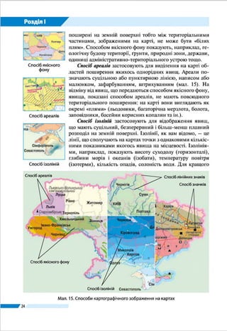 24
Розділ І
мок її течії, малюнок листяного чи хвойного дерева в кон-
турі лісу вказує на переважання певних порід.
Об’єкти, явища і процеси на картах передають різними
способами.
Спосіб значків застосовують для зображення об’єктів,
що не виражаються в масштабі карти. Значки можуть бути
геометричними (наприклад, кружечки – промислові цен-
три, різні фігури – місця видобування корисних копалин)
або мати вигляд наочних малюнків (якір – символ мор-
ського порту).
Способом лінійних знаків передають лінійні об’єкти:
берегову лінію, річки, кордони, шляхи, трубопроводи.
Вони масштабні за своєю довжиною та конфігурацією, але
переважно позамасштабні за шириною.
Способом якісного фону показують поділ території на
однакові в якісному відношенні частини. Їх зафарбовують
різними кольорами. Цей спосіб передає явища, суцільно
поширені на земній поверхні, тобто між територіальними
частинами, зображеними на карті, не може бути «білих
плям». Способом якісного фону показують, наприклад,
геологічну будову території, ґрунти, природні зони, дер-
жави, одиниці адміністративно-територіального устрою
тощо.
Спосіб ареалів застосовують для виділення на карті об-
ластей поширення якихось однорідних явищ. Ареали по-
значають суцільною або пунктирною лінією, написом або
малюнком, зафарбуванням, штрихуванням. На відміну від
явищ, що передаються способом якісного фону, явища,
показані способом ареалів, не мають повсюдного терито-
ріального поширення: на карті вони виглядають як окремі
«плями» (льодовики, багаторічна мерзлота, болота, запо-
відники, басейни корисних копалин та ін.).
Спосіб ізоліній застосовують для відображення явищ,
що мають суцільний, безперервний і більш-менш плавний
розподіл на земній поверхні. Ізолінії, як вам відомо, – це
лінії, що сполучають на картах точки з однаковими кількіс-
ними показниками якогось явища на місцевості. Ізолінія-
ми, наприклад, показують висоту суходолу (горизонталі),
глибини морів і океанів (ізобати), температуру повітря
(ізотерми), кількість опадів, солоність води. Для кращого
сприйняття явища ділянки між сусідніми ізолініями часто
зафарбовують у різні відтінки кольору (наприклад, показу-
ючи рельєф на фізичних картах).
Спосіб
якісного фону
Спосіб ізоліній
Спосіб ареалів
Спосіб
лінійних знаків
Спосіб значків
 
