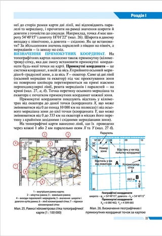 35
Розділ І
ВИЗНАЧЕННЯ ГЕОГРАФІЧНИХ КООРДИНАТ. Ви
знаєте, що паралелі та меридіани утворюють градусну сіт-
ку. За її допомогою в градусах (°) визначають географіч-
ні координати (широту й довготу) будь-якого об’єкта. За
топографічною картою координати можна визначити з ве-
ликою точністю. Для цього рамку карти поділено не лише
на градуси, а й на його частини. Градус як одиницю ви-
міру кутів за аналогією з поділом години як інтервалу часу
поділяють на 60 мінут ('), а мінуту – на 60 секунд ("). Для
позначення мінут і секунд застосовують знаки штрихів.
На топографічній карті на кожному мінутному відрізку
точками позначено поділки, що дорівнюють 10" (мал. 20).
Отже, щоб визначити географічні координати будь-якої
точки, треба уявно провести через неї до сторін рамки карти
дві лінії, які відповідають паралелі та меридіану, і прочитати
на рамці значення широти й довготи з точністю до секунди.
Наприклад, точка А має широту 54°49'15" і довготу 18°01'22"
(див. мал. 20). Широта в даному випадку є північною, а дов-
гота – східною. Як це встановити? За збільшенням значень
паралелей з півдня на північ, а меридіанів – із заходу на схід.
ВИЗНАЧЕННЯ ПРЯМОКУТНИХ КООРДИНАТ. На
топографічних картах нанесено також прямокутну (кіломе-
трову) сітку, яка дає змогу встановити прямокутні коорди-
нати будь-якої точки на карті. Прямокутні координати – це
система координат, в якій за вісь X прийнято осьовий мери-
діан 6-градусної зони, а за вісь Y – екватор. Саме ці дві лінії
(осьовий меридіан та екватор) під час проектування зони
на поверхню циліндра перетворюються на прямі взаємно
перпендикулярні лінії, решта меридіанів і паралелей – на
криві (мал. 21, а, б). Точка перетину осьового меридіана та
екватора є початком прямокутних координат кожної зони.
Прямокутні координати показують відстань у кіломе-
трах від екватора до даної точки (координата X, що може
змінюватися від 0 до понад 10 000 км на полюсах) і від осьо-
вого меридіана зони до цієї точки (координата Y, що може
змінюватися від 0 до 333 км на екваторі в місцях його пере-
тину з крайніми західними і східними меридіанами зони).
На топографічні карти нанесено лінії, що їх проведено
через кожні 1 або 2 км паралельно осям X та Y (мал. 21, б).
Вони утворюють кілометрову сітку, що вкриває карту си­
стемою однакових за площею квадратів. Біля рамок карти
вказано значення ліній кілометрової сітки (див. мал. 20).
Двозначними числами у вигляді великих цифр біля го-
ризонтальної та вертикальної ліній позначено квадрат, у
якому розташована шукана точка. Для визначення прямо-
кутних координат спочатку записують число біля нижньої
Мал. 21. Зональна
система
прямокутних
координат
б
Лінії прямо­
кутної сітки
X
Y
Меридіани
Паралелі
а
X
Y
42°36°
90°
90°
Екватор
333
км
333
км
Осьовий
понад10000км
меридіан
понад10000км
 