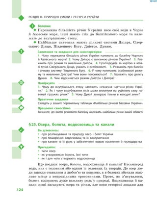 124
Розділ III. Природні умови і  ресурси України
!	 Головне
‹‹ Переважна більшість річок України несе свої води в  Чорне
й  Азовське моря, інші мають стік до Балтійського моря та нале-
жать до внутрішнього стоку.
‹‹ Найбільше значення мають річкові системи Дніпра, Сівер-
ського Дінця, Південного Бугу, Дністра, Дунаю.
Запитання та завдання для самоперевірки
1.  Чому переважна більшість річок України належить до басейну Чорного
й  Азовського морів? 2.  Чому Дніпро є  головною річкою України?  3.  Роз-
кажіть про режим та живлення Дніпра.  4.  Прослідкуйте за картою в  атла-
сі течію Сіверського Дінця, укажіть її особливості.  5. Розкажіть про басейн
і річкову систему Південного Бугу.  6. У чому полягають особливості режи-
му та живлення Дністра? Чим вони пояснюються?  7. Розкажіть про дельту
Дунаю.  8.  Чим відрізняється режим Дністра і  Дніпра?
Поміркуйте
1.  Чому до внутрішнього стоку належить незначна частина річок Украї-
ни?  2.  Як і  чому вирубування лісів може вплинути на руйнівну силу по-
веней гірських річок?  3.  Чому Дунай замерзає тільки в  холодні зими?
Практичне завдання
Складіть у зошиті порівняльну таблицю «Найбільші річкові басейни України».
Працюємо самостійно
Визначте, до якого річкового басейну належать найбільші річки вашої області.
§ 25.	Озера, болота, водосховища та канали
Ви дізнаєтесь:
ŠŠ про розташування та природу озер і  боліт України
ŠŠ про поширення водосховищ та їх використання
ŠŠ про канали та їх роль у  забезпеченні водою населення й  господарства
Пригадайте:
ŠŠ типи озер
ŠŠ як утворюються болота, їхні типи
ŠŠ як і  для чого створюють водосховища
Що поєднує озера, болота, водосховища й канали? Насамперед
вода, яка є  головним або одним із головних їх творців. До озер лю-
ди завжди ставилися з любов’ю та повагою, а в болотах вбачали жах-
ливе місце з  непрохідними трясовинами. Проте, як з’ясувалося,
болота відіграють дуже важливу роль у природі. Водосховища й ка-
нали зовні нагадують озера та річки, але вони створені людьми для
 