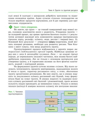 135
Тема 4. Ґрунти та ґрунтові ресурси
ські землі й  сьогодні є  запорукою добробуту населення та підне-
сення економіки країни. Адже сучасне сільське господарство не
тільки виробляє продукти харчування, але й дає сировину для про-
мислових підприємств.
1	 Ґрунт і  його утворення.
Ви знаєте, що ґрунт  — це тонкий поверхневий шар земної ко-
ри, головною властивістю якого є  родючість. Утворення ґрунтів  —
це складний процес, що триває протягом багатьох століть і є резуль-
татом активної взаємодії всіх компонентів природи (материнських
гірських порід, рельєфу, клімату, води, рослин і  тварин) (мал.  1).
Основний його результат  — утворення гумусу (перегною), який міс-
тить поживні речовини, необхідні для розвитку рослин. Чим біль-
шим є  вміст гумусу, тим вища родючість ґрунту.
Ґрунтоутворюючі процеси відбуваються у  верхніх шарах ма-
теринської (підстилаючої) гірської породи. Найбільш цінними се-
ред них є  леси й  лесоподібні суглинки. Леси  — це осадові гірські
породи, де переважають пилуваті частинки, між якими багато най-
дрібніших порожнин. Лес не тільки є  основним матеріалом для
утворення ґрунту, а  й сприятливо впливає на його фізичні власти-
вості, водний і  повітряний режим.
На формування ґрунтів суттєво впливає клімат. Від нього за-
лежать інтенсивність процесів вивітрювання, надходження вологи
й  тепла в  ґрунт, характер рослинного світу, а  отже, збагачення
ґрунту органічними речовинами. Ви вже знаєте, що в  умовах жар-
кого та посушливого клімату рослинний світ бідний, тому форму-
ються бідні на гумус ґрунти. В  умовах жаркого та надмірно воло-
гого клімату рослинний світ багатий і різноманітний, проте велика
кількість опадів призводить до вимивання гумусу. Тільки в умовах
теплого (влітку) й  помірно вологого клімату він поступово накопи-
ҐРУНТИ
Клімат
Материнська
порода
РельєфТварини
Час
Рослини
Мал. 1. Чинники
ґрунтоутворення.
 