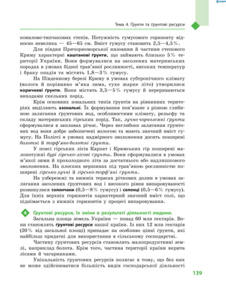 139
Тема 4. Ґрунти та ґрунтові ресурси
ковилово-типчакових степів. Потужність гумусового горизонту від-
носно невелика  — 45—65  см. Вміст гумусу становить 2,5—4,5 %.
Для півдня Причорноморської низовини й  частини степового
Криму характерні каштанові ґрунти, що займають близько 5 % те-
риторії України. Вони формувалися на засолених материнських
породах в умовах бідної трав’яної рослинності, високих температур
і  браку опадів та містять 1,8—3 % гумусу.
На Південному березі Криму в  умовах субтропічного клімату
(волога й  порівняно м’яка зима, сухе жарке літо) утворилися
коричневі ґрунти. Вони містять 3,5—5 % гумусу й  перериваються
виходами скельних порід.
Крім основних зональних типів ґрунтів на рівнинних терито-
ріях виділяють азональні. Їх формування пов’язане з різною глиби-
ною залягання ґрунтових вод, особливостями клімату, рельєфу та
складу материнських гірських порід. Так, лучно-чорноземні ґрунти
сформувалися в заплавах річок. Через неглибоке залягання ґрунто-
вих вод вони добре забезпечені вологою та мають значний вміст гу-
мусу. На Поліссі в умовах надмірного зволоження досить поширені
болотні й  торф’яно-болотні ґрунти.
У поясі гірських лісів Карпат і  Кримських гір поширені ма-
лопотужні бурі гірсько-лісові ґрунти. Вони сформувалися в умовах
м’якої зими й  прохолодного літа за достатнього або надлишкового
зволоження. На плоских вершинах під трав’яною рослинністю по-
ширені гірсько-лучні й  гірсько-торф’яні ґрунти.
На узбережжі та нижніх терасах річкових долин в  умовах за-
лягання засолених ґрунтових вод і  високого рівня випаровуваності
розвинулися солончаки (0,5—8 % гумусу) і солонці (0,5—6 % гумусу).
Для їхніх верхніх горизонтів характерний значний вміст солі, що
піднімається з  нижніх горизонтів у  процесі випаровування.
4	 Ґрунтові ресурси, їх зміни в  результаті діяльності людини.
Загальна площа земель України  — понад 60  млн гектарів. Во-
ни становлять ґрунтові ресурси нашої країни. Із них 12 млн гектарів
(20 % від загальної площі) припадає на особливо цінні ґрунти, які
найбільш придатні для використання в  сільському господарстві.
Частину ґрунтових ресурсів становлять малопродуктивні зем-
лі, наприклад болота. Крім того, частина території країни вкрита
лісами й  чагарниками.
Унікальність ґрунтових ресурсів полягає в  тому, що без них
не може здійснюватися більшість видів господарської діяльності
 