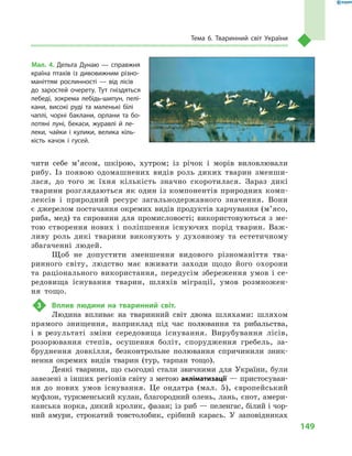 149
Тема 6. Тваринний світ України
чити себе м’ясом, шкірою, хутром; із річок і  морів виловлювали
рибу. Із появою одомашнених видів роль диких тварин зменши-
лася, до того  ж їхня кількість значно скоротилася. Зараз дикі
тварини розглядаються як один із компонентів природних комп-
лексів і  природний ресурс загальнодержавного значення. Вони
є джерелом постачання окремих видів продуктів харчування (м’ясо,
риба, мед) та сировини для промисловості; використовуються з  ме-
тою створення нових і  поліпшення існуючих порід тварин. Важ-
ливу роль дикі тварини виконують у  духовному та естетичному
збагаченні людей.
Щоб не допустити зменшення видового різноманіття тва-
ринного світу, людство має вживати заходи щодо його охорони
та раціонального використання, передусім збереження умов і  се-
редовища існування тварин, шляхів міграції, умов розмножен-
ня тощо.
3	 Вплив людини на тваринний світ.
Людина впливає на тваринний світ двома шляхами: шляхом
прямого знищення, наприклад під час полювання та рибальства,
і  в  результаті зміни середовища існування. Вирубування лісів,
розорювання степів, осушення боліт, спорудження гребель, за-
бруднення довкілля, безконтрольне полювання спричинили зник-
нення окремих видів тварин (тур, тарпан тощо).
Деякі тварини, що сьогодні стали звичними для України, були
завезені з інших регіонів світу з метою акліматизації — пристосуван-
ня до нових умов існування. Це ондатра (мал.  5), європейський
муфлон, туркменський кулан, благородний олень, лань, єнот, амери-
канська норка, дикий кролик, фазан; із риб — пеленгас, білий і чор-
ний амури, строкатий товстолобик, срібний карась. У  заповідниках
Мал. 4. Дельта Дунаю  — справжня
країна птахів із дивовижним різно-
маніттям рослинності  — від лісів
до заростей очерету. Тут гніздяться
лебеді, зокрема лебідь-шипун, пелі-
кани, високі руді та маленькі білі
чаплі, чорні баклани, орлани та бо-
лотяні луні, бекаси, журавлі й  ле-
леки, чайки і  кулики, велика кіль-
кість качок і  гусей.
 