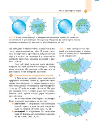 17
Тема 1. Географічна карта
що виходять з однієї точки, і паралелі у ви-
гляді концентричних кіл. В азимуталь-
них поперечних проекціях зображуються
карти півкуль та територій у приеквато-
ріальних широтах. Екватор на карті є пря-
мою лінією.
При побудові сучасних карт викорис-
товують складні допоміжні поверхні, підбір
яких залежно від завдань здійснюється за
допомогою комп’ютерних програм.
3 Спотворення на географічних картах.
У будь-якому випадку при переході від
сферичної поверхні Землі до проекції вини-
кають спотворення. Їх легко виявити шля-
хом зіставлення зображення картографічної
сітки та об’єктів на глобусі й карті. На кар-
тах можуть бути чотири види спотворень:
довжин ліній, кутів, площ і форм географіч-
них об’єктів.
За характером спотворень картогра-
фічні проекції поділяють на групи:
 рівновеликі — зберігають без спотворень
площі, проте в них значно порушені
кути та форми об’єктів (мал. 4, а);
 рівнокутні — зберігають без порушень
кути та форми, але спотворюють довжи-
ни та площі (мал. 4, б);
0º
30º
30º
90º
0º
30º60º
90º
0º
90º
0º
90º
30º
120º
150º
180º
0º 30º 60º 90º 120º
60º
0º
0º
30º
60º
90º
120º
150º
180º
150º
120º
90º
60º
30º
90º
90º
0º
30º
30º
60º
60º
30º60º
90º
120º
150º
180º
150º
120º
90º
60º
30º
90º
0º
30º
60º
90º
120º
150º
180º
150º
120º
90º
60º
30º
120º 60º 0º 60º 120º 180º
0º
40º
30º
60º
30º
0º
150º
180º
90º 120º
60º
30º
30º
60º
60º
90º
90º
90º
90º
0º
30º
30º
60º
60º
30º60º
90º
120º
150º
180º
150º
120º
90º
60º
30º
90º
0º
30º
60º
90º
90º
30º
0º 30º 60º 90º 120º
60º
0º
0º
30º
60º
90º
120º
150º
180º
150º
120º
90º
60º
30º
120º 60º 0º 60º 120º 180º
0º
40º
30º
60º
30º
0º
150º
180º
90º 120º
60º
30º
30º
60º
60º
90º
90º
90º
90º
0º
30º
30º
60º
60º
30º60º
90º
120º
150º
180º
150º
120º
90º
60º
30º
90º
0º
30º
60º
90º
90º
30º
0º 30º 60º 90º 120º
60º
0º
0º
30º
60º
90º
120º
150º
180º
150º
120º
90º
60º
30º
Мал. 3. Азимутальні проекції: а) азимутальна нормальна (пряма); б) азимуталь-
на поперечна. У цих проекціях точка дотику площиною до земної кулі є точкою
нульових спотворень, які зростають у міру віддалення від неї.
а б
а
б
в
0º
150º
180º
0º
0º
0º
0º
0º
0º
30º
30º
30º
30º
30º
30º
30º
30º
60º
60º
60º
60º
60º
90º
90º
90º
90º
90º
0º
30º
60º
90º
120º
120º
120º
180º
180º
180º
0º
30º
60º
90º
90º
30º
30º
120º
150º
180º
90º
60º
30º
60º
0º 30º 60º 90º 120º
60º
40º
150º
180º
20º
0º
0º
0º
0º
30º
30º
30º
30º
30º
30º
30º
60º
60º
60º
60º
90º
90º
90º
90º
0º
30º
60º
90º
120º
120º
180º
180º
0º
30º
60º
90º
30º
0º 30º 60º 90º 120º
150º
180º
0º
0º
0º
0º
0º
30º
30º
30º
30º
30º
30º
30º
30º
60º
60º
60º
60º
60º
90º
90º
90º
90º
90º
0º
30º
60º
90º
120º
120º
120º
180º
180º
180º
0º
30º
60º
90º
90º
30º
0º 30º 60º 90º 120º
60º
Мал. 4. Види картографічних про-
екцій за спотвореннями: а) рівнове-
лика; б) рівнокутна; в) рівнопроміж-
на за меридіанами.
 
