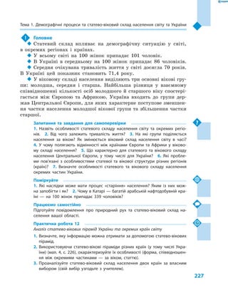 227
Тема 1. Демографічні процеси та статево-віковий склад населення світу та України
!	 Головне
‹‹ Статевий склад впливає на демографічну ситуацію у  світі,
в  окремих регіонах і  країнах.
‹‹ У всьому світі на 100  жінок припадає 101  чоловік.
‹‹ В  Україні в  середньому на 100  жінок припадає 86  чоловіків.
‹‹ Середня очікувана тривалість життя у  світі досягла 70  років.
В  Україні цей показник становить 71,4  року.
‹‹ У віковому складі населення виділяють три основні вікові гру-
пи: молодша, середня і  старша. Найбільша різниця у  взаємному
співвідношенні кількості осіб молодшого й  старшого віку спостері-
гається між Європою та Африкою. Україна входить до групи дер-
жав Центральної Європи, для яких характерне поступове зменшен-
ня частки населення молодшої вікової групи та збільшення частки
старшої.
Запитання та завдання для самоперевірки
1.  Назвіть особливості статевого складу населення світу та окремих регіо-
нів.  2.  Від чого залежить тривалість життя?  3.  На які групи поділяється
населення за віком? Як змінюється віковий склад населення світу в  часі? 
4.  У  чому полягають відмінності між країнами Європи та Африки у  віково-
му складі населення?  5.  Що характерно для статевого та вікового складу
населення Центральної Європи, у  тому числі для України?  6.  Які пробле-
ми пов’язані з  особливостями статевої та вікової структури різних регіонів
(країн)?  7.  Визначте особливості статевого та вікового складу населення
окремих частин України.
Поміркуйте
1.  Які наслідки може мати процес «старіння» населення? Яким із них мож-
на запобігти і як?  2. Чому в Катарі — багатій арабській нафтодобувній кра-
їні  — на 100  жінок припадає 339  чоловіків?
Працюємо самостійно
Підготуйте повідомлення про природний рух та статево-віковий склад на-
селення вашої області.
Практична робота 12
Аналіз статево-вікових пірамід України та окремих країн світу
1.	Визначте, яку інформацію можна отримати за допомогою статево-вікових
пірамід.
2.	Використовуючи статево-вікові піраміди різних країн (у тому числі Укра-
їни) (мал. 4, с. 226), охарактеризуйте їх особливості (форма, співвідношен-
ня між окремими частинами  — за віком, статтю).
3.	Проаналізуйте статево-віковий склад населення двох країн за власним
вибором (свій вибір узгодьте з  учителем).
 