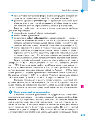 239
Тема 2. Розселення
‹‹ низькі темпи урбанізації (через малий природний приріст на-
селення та скорочення міграції із сільської місцевості);
‹‹ розвиток процесів субурбанізації  — зростання населення при-
міських зон, у  тому числі за рахунок переїзду частини жите-
лів великих міст із перенаселених районів у  передмістя.
Інша ситуація спостерігається в  менш розвинених країнах.
Для них характерні:
‹‹ середній або низький рівень урбанізації;
‹‹ високі темпи урбанізації;
‹‹ поширення хибної урбанізації (псевдоурбанізації)  — процесу
зростання міського населення, що не підкріплюється можли-
востями забезпечити відповідний рівень життя (безробіття, від-
сутність якісного житла, низький рівень благоустрою) (мал. 2);
‹‹ значні відмінності в  рівні й  темпах урбанізації окремих частин
країн: дуже швидке зростання столиць, менш швидке  — деяких
портових міст та центрів видобутку корисних копалин, повільне
зростання інших міст. Як наслідок, виникає величезний розрив
між кількістю населення найбільшого міста та решти міст країни.
Серед регіонів найвищий показник рівня урбанізації мають
Австралія  — 89 %, Англо-Америка  — 80 % та Латинська Амери-
ка  — 77 % (саме для цього регіону найбільш характерна хибна ур-
банізація). Найнижчий показник в  Азії  — 40 % (водночас на цей
регіон припадає половина городян світу) та Африці  — 39 %. Саме
в  цих регіонах і  надалі прогнозують найбільші темпи урбанізації.
За даними перепису 1897  р. в  містах України проживало тільки
16 % населення, у  1939  р.  — 34 %, а  зараз  — майже 69 %.
Наслідки урбанізації є  досить суперечливими. Позитивні сто-
суються ефективності господарської діяльності й  зручності прожи-
вання людей, до негативних належить вплив на компоненти приро-
ди, що позначається на загальному стані навколишнього середовища.
3	 Міські агломерації та мегалополіси.
Унаслідок процесів урбанізації та субурбанізації виникають
нові форми розселення — міські агломерації та мегалополіси. Агло­
мерація  — це скупчення міських поселень, об’єднаних інтенсив-
ними виробничими, транспортними, культурно-побутовими та ін-
шими зв’язками. У  її складі зазвичай виділяють місто (або кілька
міст), навколо якого формується агломерація. Це місто (міста)
називають ядром агломерації. На сьогодні більшість агломерацій
є моноцентричними (тобто вони мають одне ядро). Прикладами таких
 