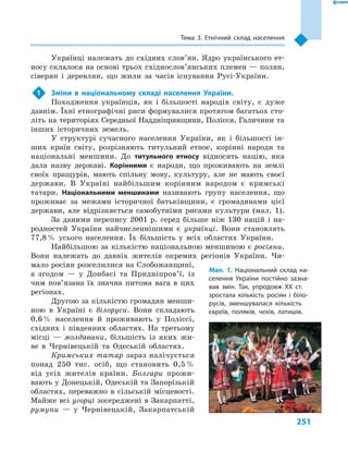 251
Тема 3. Етнічний склад населення
Українці належать до східних слов’ян. Ядро українського ет-
носу склалося на основі трьох східнослов’янських племен — полян,
сіверян і  деревлян, що жили за часів існування Русі-України.
1	 Зміни в  національному складі населення України.
Походження українців, як і  більшості народів світу, є  дуже
давнім. Їхні етнографічні риси формувалися протягом багатьох сто-
літь на територіях Середньої Наддніпрянщини, Полісся, Галичини та
інших історичних земель.
У  структурі сучасного населення України, як і  більшості ін-
ших країн світу, розрізняють титульний етнос, корінні народи та
національні меншини. До титульного етносу відносять націю, яка
дала назву державі. Корінними є  народи, що проживають на землі
своїх пращурів, мають спільну мову, культуру, але не мають своєї
держави. В  Україні найбільшим корінним народом є  кримські
татари. Національними меншинами називають групу населення, що
проживає за межами історичної батьківщини, є  громадянами цієї
держави, але відрізняється самобутніми рисами культури (мал.  1).
За даними перепису 2001  р. серед більше ніж 130  націй і  на-
родностей України найчисленнішими є  українці. Вони становлять
77,8 % усього населення. Їх більшість у  всіх областях України.
Найбільшою за кількістю національною меншиною є росіяни.
Вони належать до давніх жителів окремих регіонів України. Чи-
мало росіян розселилися на Слобожанщині,
а  згодом  — у  Донбасі та Придні­пров’ї, із
чим пов’я­зана їх значна питома вага в  цих
регіонах.
Другою за кількістю громадян менши-
ною в  Україні є  білоруси. Вони складають
0,6 % населення й  проживають у  Поліссі,
східних і  південних областях. На третьому
місці  — молдавани, більшість із яких жи-
ве в  Чернівецькій та Одеській областях.
Кримських татар зараз налічується
понад 250  тис. осіб, що становить 0,5 %
від усіх жителів країни. Болгари прожи-
вають у Донецькій, Одеській та Запорізькій
областях, переважно в  сільській місцевості.
Майже всі угорці зосереджені в Закарпатті,
румуни  — у  Чернівецькій, Закарпатській
Мал.  1. Національний склад на-
селення України постійно зазна-
вав змін. Так, упродовж ХХ ст.
зростала кількість росіян і  біло-
русів, зменшувалася кількість
євреїв, поляків, чехів, латишів.
 