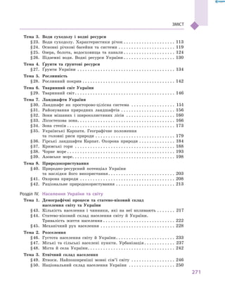 271
ЗМІСТ
	 Тема 3.	 Води суходолу і  водні ресурси
	 § 23.	 Води суходолу. Характеристики річок . . . . . . . . . . . . . . . . . . . . 113
	 § 24.	 Основні річкові басейни та системи . . . . . . . . . . . . . . . . . . . . . . . 119
	 § 25.	 Озера, болота, водосховища та канали  . . . . . . . . . . . . . . . . . . . . 124
	 § 26.	 Підземні води. Водні ресурси України  . . . . . . . . . . . . . . . . . . . . 130
	 Тема 4.	 Ґрунти та ґрунтові ресурси
	 § 27.	 Ґрунти України . . . . . . . . . . . . . . . . . . . . . . . . . . . . . . . . . . . . . . . 134
	 Тема 5.	 Рослинність
	 § 28.	 Рослинний покрив . . . . . . . . . . . . . . . . . . . . . . . . . . . . . . . . . . . . . 142
	 Тема 6.	 Тваринний світ України
	 § 29.	 Тваринний світ . . . . . . . . . . . . . . . . . . . . . . . . . . . . . . . . . . . . . . . 146
	 Тема 7.	 Ландшафти України
	 § 30.	 Ландшафт як просторово-цілісна система . . . . . . . . . . . . . . . . . . 151
	 § 31.	 Районування природних ландшафтів . . . . . . . . . . . . . . . . . . . . . . 156
	 § 32.	 Зони мішаних і  широколистяних лісів . . . . . . . . . . . . . . . . . . . . 160
	 § 33.	 Лісостепова зона . . . . . . . . . . . . . . . . . . . . . . . . . . . . . . . . . . . . . . 166
	 § 34.	 Зона степів . . . . . . . . . . . . . . . . . . . . . . . . . . . . . . . . . . . . . . . . . . . 173
	 § 35.	 Українські Карпати. Географічне положення
та  головні риси природи . . . . . . . . . . . . . . . . . . . . . . . . . . . . . . . . 179
	 § 36.	 Гірські ландшафти Карпат. Охорона природи . . . . . . . . . . . . . . . 184
	 § 37.	 Кримські гори . . . . . . . . . . . . . . . . . . . . . . . . . . . . . . . . . . . . . . . . 188
	 § 38.	 Чорне море  . . . . . . . . . . . . . . . . . . . . . . . . . . . . . . . . . . . . . . . . . . 193
	 § 39.	 Азовське море . . . . . . . . . . . . . . . . . . . . . . . . . . . . . . . . . . . . . . . . 198
	 Тема 8.	 Природокористування
	 § 40.	 Природно-ресурсний потенціал України
та наслідки його використання . . . . . . . . . . . . . . . . . . . . . . . . . . 203
	 § 41.	 Охорона природи . . . . . . . . . . . . . . . . . . . . . . . . . . . . . . . . . . . . . . 208
	 § 42.	 Раціональне природокористування . . . . . . . . . . . . . . . . . . . . . . . . 213
	Розділ ІV..	 Населення України та світу
	 Тема 1.	 Демографічні процеси та статево-віковий склад
населення світу та  України
	 § 43.	 Кількість населення і  чинники, які на неї впливають . . . . . . . . 217
	 § 44.	 Статево-віковий склад населення світу й  України.
Тривалість життя населення  . . . . . . . . . . . . . . . . . . . . . . . . . . . . 222
	 § 45.	 Механічний рух населення . . . . . . . . . . . . . . . . . . . . . . . . . . . . . . 228
	 Тема 2.	 Розселення
	 § 46.	 Густота населення світу й  України . . . . . . . . . . . . . . . . . . . . . . . 233
	 § 47.	 Міські та сільські населені пункти. Урбанізація . . . . . . . . . . . . 237
	 § 48.	 Міста й села України . . . . . . . . . . . . . . . . . . . . . . . . . . . . . . . . . . 242
	 Тема 3.	 Етнічний склад населення
	 § 49.	 Етноси. Найпоширеніші мовні сім’ї світу . . . . . . . . . . . . . . . . . . 246
	 § 50.	 Національний склад населення України . . . . . . . . . . . . . . . . . . . 250
 