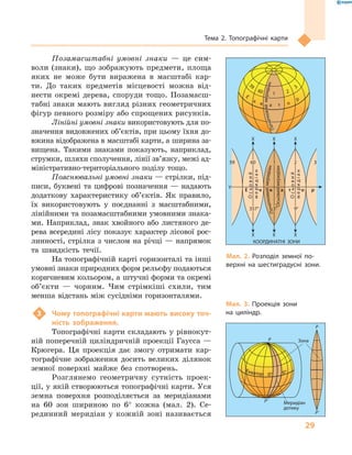 29
Тема 2. Топографічні карти
Позамасштабні умовні знаки  — це сим-
воли (знаки), що зображують предмети, площа
яких не може бути виражена в  масштабі кар-
ти. До таких предметів місцевості можна від-
нести окремі дерева, споруди тощо. Позамасш-
табні знаки мають вигляд різних геометричних
фігур певного розміру або спрощених рисунків.
Лінійні умовні знаки використовують для по-
значення видовжених об’єктів, при цьому їхня до-
вжина відображена в масштабі карти, а ширина за-
вищена. Такими знаками показують, наприклад,
струмки, шляхи сполучення, лінії зв’язку, межі ад-
міністративно-територіального поділу тощо.
Пояснювальні умовні знаки — стрілки, під-
писи, буквені та цифрові позначення — надають
додаткову характеристику об’єктів. Як правило,
їх використовують у  поєднанні з  масштабними,
лінійними та позамасштабними умовними знака-
ми. Наприклад, знак хвойного або листяного де-
рева всередині лісу показує характер лісової рос-
линності, стрілка з числом на річці — напрямок
та швидкість течії.
На топографічній карті горизонталі та інші
умовні знаки природних форм рельєфу подаються
коричневим кольором, а штучні форми та окремі
об’єкти  — чорним. Чим стрімкіші схили, тим
менша відстань між сусідніми горизонталями.
3	 Чому топографічні карти мають високу точ­
ність зображення.
Топографічні карти складають у  рівнокут-
ній поперечній циліндричній проекції Гаусса —
Крюгера. Ця проекція дає змогу отримати кар-
тографічне зображення досить великих ділянок
земної поверхні майже без спотворень.
Розглянемо геометричну сутність проек-
ції, у якій створюються топографічні карти. Уся
земна поверхня розподіляється за меридіанами
на 60  зон шириною по 6° кожна (мал.  2). Се-
рединний меридіан у  кожній зоні називається
Осьовий
меридіан
Осьовий
меридіан
Осьовиймеридіан
Е к в а т о р
Початковиймеридіан
X X X
X X X
КООРДИНАТНІ ЗОНИ
Y
60605959 11 22
357°357° 3°3° 9°9°
33
Початковиймеридіан
Початковиймеридіан
5
9
60 1 2
3
Е
к
в а т о
р
P
P
P’
P’
Меридіан
дотику
Зона
0°0° 6°6°Екватор
Мал. 2. Розподіл земної по-
верхні на шестиградусні зони.
Мал. 3. Проекція зони
на циліндр.
 