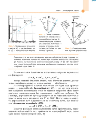 35
Тема 2. Топографічні карти
Географічний
Пн. полюс
Магнітний
Пн.полюс
Ам напрям на предмет
вертикальналінія
кілометровоїсітки
зближеннямеридіанів(ЗМ)
магнітне
схилення
(МС)
істинниймеридіан
Д
Аі
Ам
Значення кута магнітного схилення залежить від місця й  часу, оскільки по-
ложення магнітних полюсів на земній кулі постійно змінюється. На терито-
рії України кут магнітного схилення коливається від +2° до +6°. Конкретну
для певної території його величину відображають схемою в  легенді топо-
графічної карти (мал.  2).
Залежність між істинним та магнітним азимутами виражаєть-
ся формулою:
Аі = Ам + МСсх, Аі = Ам – МСзах
Якщо магнітне схилення східне, його значення додають до зна-
чення магнітного азимута, якщо західне  — віднімають.
За топографічною картою вимірюють ще один кут орієнту-
вання  — дирекційний. Дирекційний кут (Д)  — це кут між північ-
ним напрямом кілометрової сітки та заданим напрямом. Його легко
виміряти транспортиром без додаткових графічних побудов. Як
і азимут, дирекційний кут відраховується за годинниковою стріл-
кою та може мати величину від 0° до 360°. Від істинного азиму-
та дирекційний кут відрізняється на величину кута, що назива-
ють зближенням меридіанів (ЗМ):
Аі = Д + ЗМсх, Аі = Д – ЗМзах
Знаючи формули взаємозалежності кутів орієнтування, легко
визначити будь-який із них, зробивши на топографічній карті лише
один вимір транспортиром (мал.  3).
Істинний
азимут
Істинний
азимут
AA
AA
ДД
ЕЕ
αα
Дирекційний
кут
Дирекційний
кут
18˚ 00’18˚ 00’
54˚
40’
54˚
40’
43 0743 07
60656065
6666
6767
0808 0909
ІстинниймеридіанІстинниймеридіан
Магнітниймеридіан
2°00’ 6°30’
Лініясітки
Мал. 1. Вимірювання істинного
азимута (Аі) та дирекційного ку-
та (Д) за топографічною картою.
Мал. 2. Схема взаємного
положення меридіанів на
топографічних картах: іс-
тинний меридіан познача-
ють зірочкою, магнітний  —
прямою стрілкою, лінію
кілометрової сітки  — зво-
ротною стрілкою.
Мал. 3. Співвідношення
між кутами орієнтування.
 