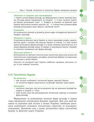 65
Тема 1. Рельєф, тектонічна та геологічна будова, мінеральні ресурси
Запитання та завдання для самоперевірки
1. Назвіть основні форми рельєфу, що сформувалися в межах території Укра-
їни. Які види рівнин переважають за площею?  2.  У  яких частинах терито-
рії України розташовані гори?  3.  Знайдіть та покажіть на фізичній карті
України простягання низовин, височин, гір.  4. У межах яких основних форм
рельєфу розташована ваша область, населений пункт?
Поміркуйте
Як позначається рельєф на розвитку різних видів господарської діяльності?
Наведіть приклади.
Працюємо в  групах
За допомогою фізичної карти України та тексту параграфа складіть характе-
ристику однієї з  низовин або височин України за планом: 1) у  якій частині
країни розташована форма рельєфу; 2) у якому напрямку простягається; 3) із
якими формами рельєфу межує; 4) середні та максимальні висоти. Спробуй-
те пояснити походження цієї форми рельєфу.
Практична робота 4
Встановлення за картами (тектонічною, геологічною, фізичною) зв’язків між
тектонічними структурами, рельєфом, геологічною будовою та корисними
копалинами у межах України
Позначте на контурній карті України найбільші низовини, височини, го-
ри та їхні найвищі позначки.
§ 13.	 Тектонічна будова
Ви дізнаєтесь:
ŠŠ про загальні особливості тектонічної будови території України
ŠŠ як тектонічна будова позначається на рельєфі території нашої країни
Пригадайте:
ŠŠ тектонічні структури, про які ви дізналися під час вивчення географії ма-
териків та океанів у  7  класі
ŠŠ який зв’язок існує між розташуванням тектонічних структур та основних
форм рельєфу
Формування та розміщення великих форм рельєфу в  першу
чергу обумовлене тектонічною будовою території. Для того щоб ви-
явити та пояснити цей зв’язок у  межах України, необхідно дослі-
дити особливості основних тектонічних структур, їх взаємороз-
ташування. Допоможе вам у  цьому зіставлення карти тектонічної
будови та фізичної карти України.
 