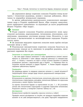 89
Тема 1. Рельєф, тектонічна та геологічна будова, мінеральні ресурси
До державного фонду корисних копалин України тепер вклю-
чають і  техногенні родовища, якими є  відходи добування, збага-
чення та переробки мінеральної сировини.
Із метою забезпечення раціонального комплексного викорис-
тання надр в  Україні прийнятий Закон «Про охорону навколиш-
нього природного середовища» та відповідно до нього розроблений
Кодекс України «Про надра».
!	 Головне
‹‹ Рудні корисні копалини України різноманітні: вони пред-
ставлені залізними, марганцевими, титановими, нікелевими, алю-
мінієвими, урановими, ртутними рудами тощо. Більшість із них
пов’я­зана з  магматичними та метаморфічними породами Україн-
ського щита.
‹‹ За запасами нерудних корисних копалин наша країна посідає
важливе місце у  світі.
‹‹ Раціональне використання корисних копалин базується на
комплексному підході до їх вивчення та розробки родовищ, вико-
ристанні сировини без втрат.
Запитання та завдання для самоперевірки
1.  Що таке рудні корисні копалини? У  чому проявляються головні законо-
мірності їх залягання? У  яких сферах людської діяльності їх використову-
ють?  2.  Назвіть і  покажіть на карті в  атласі основні басейни та райони
розміщення залізних і  марганцевих руд в  Україні.  3.  Родовища яких ко-
льорових металів виявлені в  надрах України?  4.  Якими видами нерудної
сировини забезпечена Україна?
Поміркуйте
Які родовища рудних та нерудних корисних копалин є  у вашій місцевості?
Запропонуйте власні заходи щодо їхнього раціонального використання.
Практична робота 4
Встановлення за картами (тектонічною, геологічною, фізичною) зв’язків між
тектонічними структурами, рельєфом, геологічною будовою та корисними
копалинами у межах України (закінчення)
За картою тектонічної будови та картосхемою на рис. 1, с.  86 установіть
зв’язок між тектонічними структурами та рудними корисними копалинами.
Результати занесіть у  четвертий стовпчик таблиці на с.  69.
Дослідження
Використання продуктів переробки корисних копалин у побуті
Проведіть власне дослідження та з’ясуйте, які продукти переробки корисних
копалин та як саме використовуються у  вас дома. Підготуйте повідомлення.
 