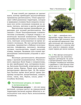 143
Тема 5. Растительность
В зоне степей для деревьев не хватает
влаги, поэтому преобладает засухоустойчивая
травянистая растительность. Степи представ-
ляют собой равнинные территории, которые
в природных условиях были покрыты сплош-
ным или почти сплошным покровом из ко-
выля, типчака, мятлика и других растений.
Значительное видовое разнообразие ха-
рактерно для луговой растительности. Это
связано с  более благоприятными климати-
ческими условиями, в первую очередь с от-
носительно высокой влажностью. Богатым
разнообразием флоры отличаются заливные
луга, ежегодно затапливаемые во время ве-
сеннего половодья. На них распространены
злаковые, травянистые и бобовые культуры:
мятлик, тимофеевка, лисохвост, овсяница
луговая, тысячелистник, пырей ползучий,
клевер, люцерна. Заливные луга служат пре-
восходными сенокосными угодьями и  паст-
бищами.
Болотную растительность объединяет
среда с высокой увлажненностью. Раститель-
ность верховых болот бедна и  неприхотлива,
на них преобладают мхи, кустарники (клюк-
ва, багульник болотный), встречаются низко-
рослые сосны, березы. Среди мхов наиболее
распространен сфагнум (рис. 2). На низин-
ных болотах кроме мхов растут травы (на-
пример валерьяна лекарственная), камыш,
осока, хвощ, ива, береза, ольха, реже  —
голубика болотная.
2	 Растительные ресурсы, их охрана
и  воспроизводство.
Растительные ресурсы — это все виды
растений, которые растут на определенной
территории (включая водные объекты) и ис-
пользуются или могут быть использованы
человеком.
Рис. 1. Дуб  — важнейшая лесо­
образующая порода. Известно около
450  его видов. Дуб отличается проч-
ной долговечной древесиной. Кору
дуба используют для получения ду-
бильных веществ и  в качестве вяжу-
щего средства в  медицине, желуди
служат кормом для многих животных.
Рис. 2. Мох сфагнум используется
в  строительстве (как утеплитель),
медицине, цветоводстве. Он растет
и  распространяется очень быстро
и  обладает способностью впитывать
и  удерживать в  себе большое коли-
чество влаги (в 10—20  раз больше
собственного веса).
 