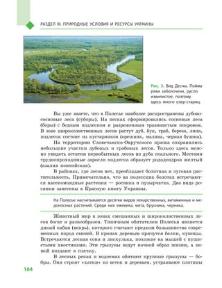 164
Раздел III. Природные условия и ресурсы Украины
Вы уже знаете, что в  Полесье наиболее распространены дубово-
сосновые леса (суборы). На песках сформировались сосновые леса
(боры) с  бедным подлеском и  разреженным травянистым покровом.
В  зоне широколиственных лесов растут дуб, бук, граб, береза, липа,
подлесок состоит из кустарников (орешник, малина, черная бузина).
На территории Словечанско-Овручского кряжа сохранились
небольшие участки дубовых и  грабовых лесов. Только здесь мож-
но увидеть остатки первобытных лесов из дуба скального. Местами
труднопроходимые заросли подлеска образует рододендрон желтый
(азалия понтийская).
В районах, где лесов нет, преобладает болотная и луговая рас-
тительность. Примечательно, что на полесских болотах встречают-
ся насекомоядные растения — росянка и пузырчатка. Два вида ро-
сянки занесены в  Красную книгу Украины.
На Полесье насчитываются десятки видов лекарственных, витаминных и ме-
доносных растений. Среди них ежевика, мята, брусника, черника.
Животный мир в  зонах смешанных и  широколиственных ле-
сов богат и  разнообразен. Типичным обитателем Полесья является
дикий кабан (вепрь), которого считают предком большинства совре-
менных пород свиней. В кронах деревьев прячутся белки, куницы.
Встречаются лесная соня и лискулька, похожие на мышей с пуши-
стыми хвостиками. Эти грызуны ведут ночной образ жизни, а  зи-
мой впадают в  спячку.
В лесных реках и  водоемах обитают крупные грызуны  — бо-
бры. Они строят «хатки» из веток и деревьев, устраивают плотины
Рис. 3. Вид Десны. Пойма
реки заболочена, русло
извилистое, поэтому
здесь много озер-стариц.
 