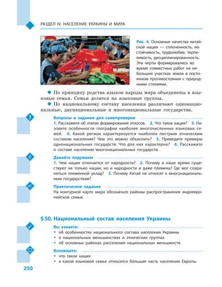 250
Раздел ІV. Население Украины и  мира
‹‹ По принципу родства языков народы мира объединены в язы-
ковые семьи. Семьи делятся на языковые группы.
‹‹ По национальному составу населения различают однонацио-
нальные, двунациональные и  многонациональные государства.
Вопросы и  задания для самопроверки
1. Расскажите об этапах формирования этносов.  2. Что такое нация?  3. На-
зовите особенности географии наиболее многочисленных языковых се-
мей.  4.  Какой регион характеризуется наиболее пестрым этническим
составом населения? Чем это можно объяснить?  5.  Приведите примеры
однонациональных государств. Что для них характерно?  6.  Расскажите
о  составе населения многонациональных государств.
Давайте подумаем
1.  Чем нация отличается от народности?  2.  Почему в  наше время суще-
ствуют не только нации, но и  народности и  даже племена? Где мог сохра-
ниться племенной уклад?  3.  Почему Китай не относят к  многонациональ-
ным государствам?
Практическое задание
На контурной карте мира обозначьте районы распространения индоевро-
пейской семьи.
§ 50.	Национальный состав населения Украины
Вы узнаете:
ŠŠ об особенностях национального состава населения Украины
ŠŠ о национальных меньшинствах и  этнических группах
ŠŠ об основных районах расселения национальных меньшинств
Вспомните:
ŠŠ что такое нация
ŠŠ к какой языковой семье относится бóльшая часть населения Европы
Рис. 4. Основные качества китай-
ской нации  — сплоченность, на-
стойчивость, трудолюбие, терпе-
ливость, дисциплинированность.
Эти черты формировались во
время совместных работ на не-
больших участках земли в  посто-
янном противостоянии с  природ-
ными стихиями.
 
