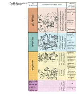 Рис. 21. Геохронологи­
ческая таблица
Эры
(в млн лет)
ж
и
>х
О
м
О
X
>х
•<
х
ас в
о *го •«
О 5
2 N
5 5
<
и
>х
О
«
о
ПРОТЕРОЗОЙ
СКАЯ ок.
2000 млн лет
АРХЕЙСКАЯ
более
1800 млн лет
Основные этапы развития жизни
I 6*
» о
О I 5 ?
а " ш
• | а
го * со
Периоды
(в млн лет)
и их индексы
Четвертичный,
или антропоге-
новый, 2 млн и
О
Неогеновый
25 млн лет
Палеогеновый
41 млн лет -Р
Меловой
70 млн лет
К
Юрский
50 млн лет
Триасовый
40 млн лет
Т
Пермский
45 млн лет
Р
Каменноуголь
ный (карбон)
65 млн лет С
Девонский
55 млн лет 0
Силурийский
35 млн лет 5
Ордовикский
60 млн лет О
Кембрийский
70 млн лет
е
рр
АР
 