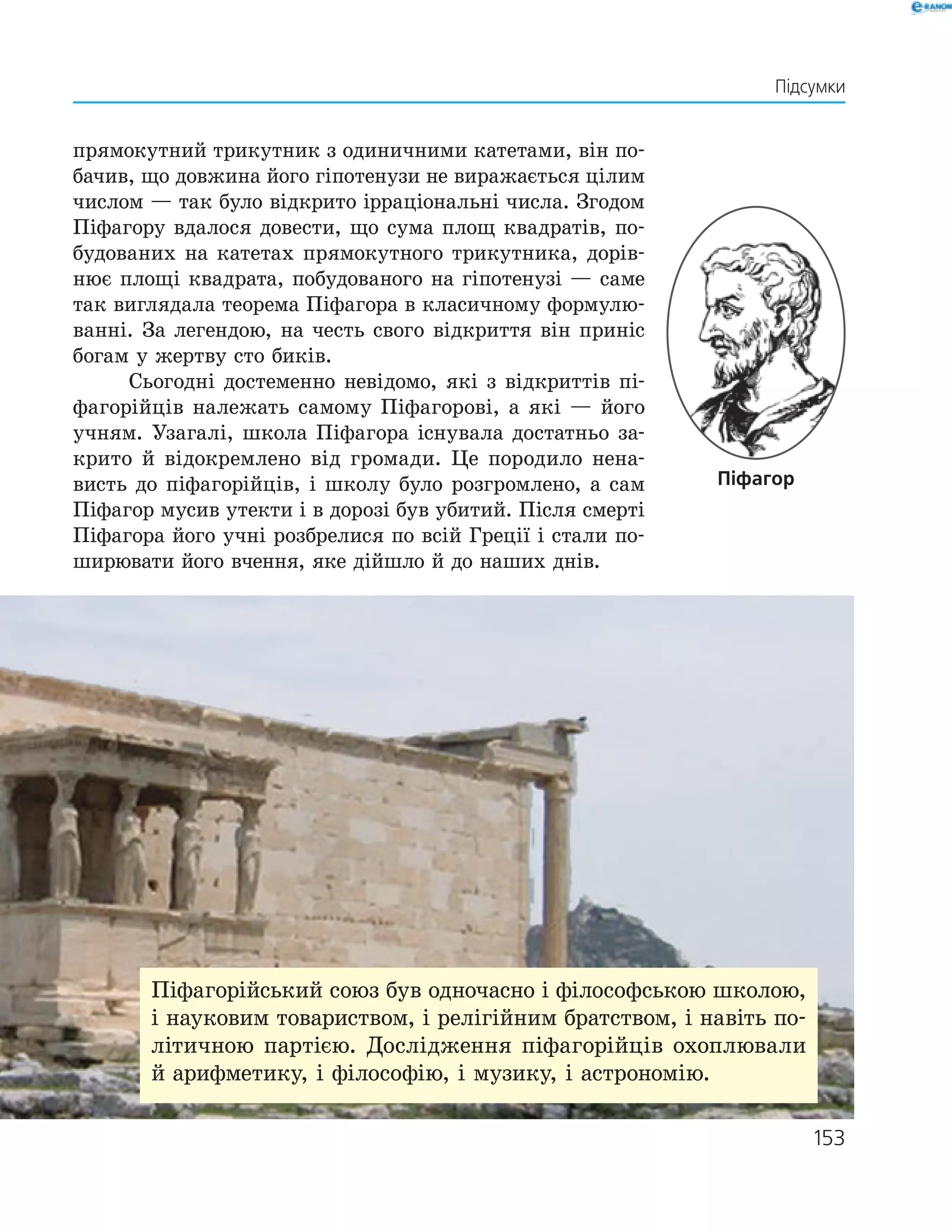 Підсумки
прямокутний трикутник з одиничними катетами, він по-
бачив, що довжина його гіпотенузи не виражається цілим
числом — так було відкрито ірраціональні числа. Згодом
Піфагору вдалося довести, що сума площ квадратів, по-
будованих на катетах прямокутного трикутника, дорів-
нює площі квадрата, побудованого на гіпотенузі — саме
так виглядала теорема Піфагора в класичному формулю-
ванні. За легендою, на честь свого відкриття він приніс
богам у жертву сто биків.
Сьогодні достеменно невідомо, які з відкриттів пі-
фагорійців належать самому Піфагорові, а які — його
учням. Узагалі, школа Піфагора існувала достатньо за-
крито й відокремлено від громади. Це породило нена-
висть до піфагорійців, і школу було розгромлено, а сам
Піфагор мусив утекти і в дорозі був убитий. Після смерті
Піфагора його учні розбрелися по всій Греції і стали по-
ширювати його вчення, яке дійшло й до наших днів.
Піфагор
Піфагорійський союз був одночасно і філософською школою,
і науковим товариством, і релігійним братством, і навіть по-
літичною партією. Дослідження піфагорійців охоплювали
й арифметику, і філософію, і музику, і астрономію.
153
 