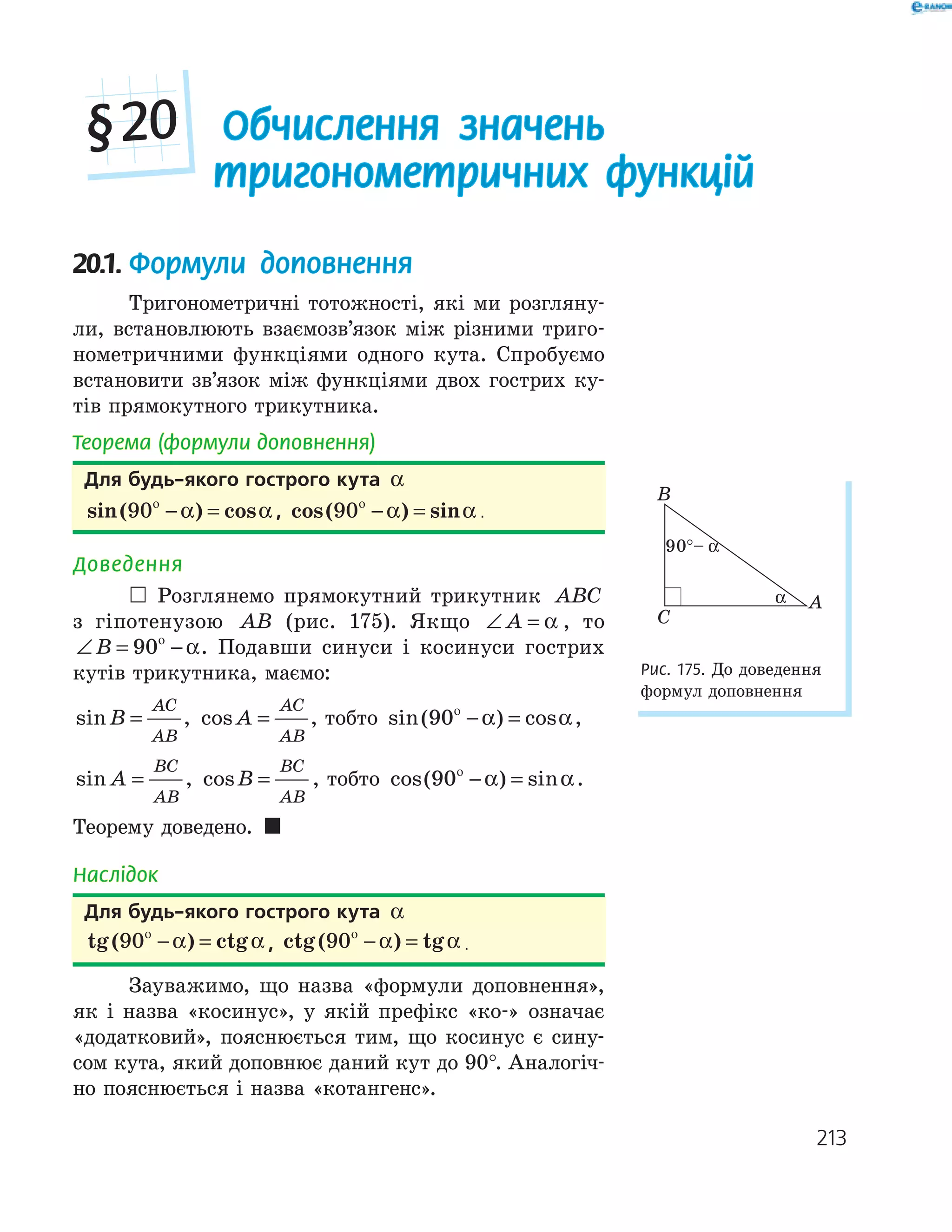 213
20.1. Формули доповнення
Тригонометричні тотожності, які ми розгляну­
ли, встановлюють взаємозв’язок між різними триго­
нометричними функціями одного кута. Спробуємо
встановити зв’язок між функціями двох гострих ку­
тів прямокутного трикутника.
Теорема (формули доповнення)
для будь-якого гострого кута α
sin( ) cos90ο
− =α α , cos( ) sin90ο
− =α α .
Доведення
 Розглянемо прямокутний трикутник ABC
з гіпотенузою AB (рис. 175). Якщо ∠ =A α , то
∠ = −ο
B 90 α. Подавши синуси і косинуси гострих
кутів трикутника, маємо:
sinB
AC
AB
= , cos A
AC
AB
= , тобто sin( ) cos90ο
− =α α,
sin A
BC
AB
= , cosB
BC
AB
= , тобто cos( ) sin90ο
− =α α.
Теорему доведено. 
Наслідок
для будь-якого гострого кута α
tg ctg( )90ο
− =α α , ctg( ) tg90ο
− =α α .
Зауважимо, що назва «формули доповнення»,
як і назва «косинус», у якій префікс «ко­» означає
«додатковий», пояснюється тим, що косинус є сину­
сом кута, який доповнює даний кут до 90°. Аналогіч­
но пояснюється і назва «котангенс».
A
B
C
α
90°– α
Рис. 175. До доведення
формул доповнення
Обчислення значень
тригонометричних функцій
§20
 