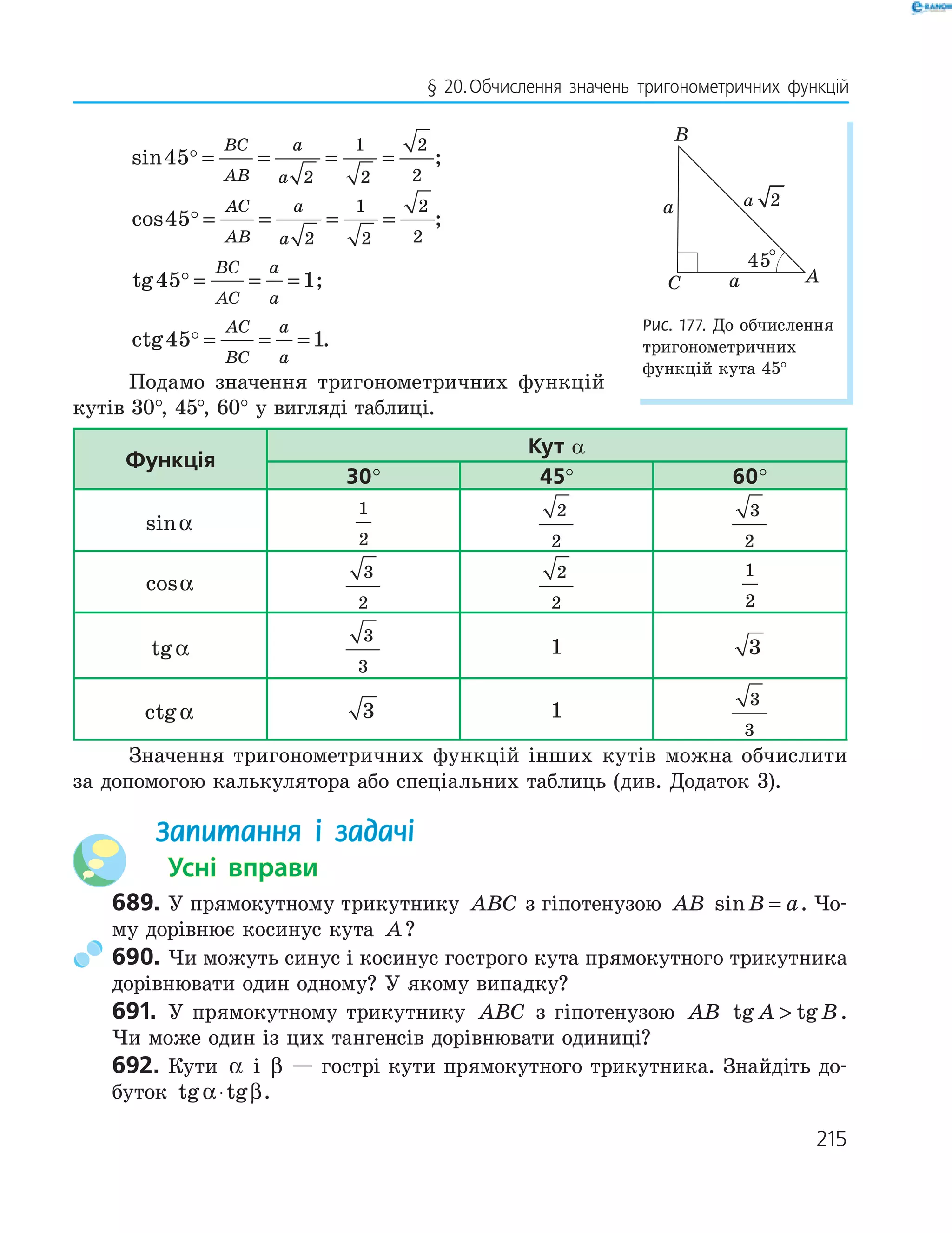 215
§ 20.Обчислення значень тригонометричних функцій
sin45
2
1
2
2
2
= = = =
BC
AB
a
a
;
cos45
2
1
2
2
2
= = = =
AC
AB
a
a
;
tg45 1= = =
BC
AC
a
a
;
ctg45 1= = =
AC
BC
a
a
.
Подамо значення тригонометричних функцій
кутів 30°, 45°, 60° у вигляді таблиці.
функція
кут α
30° 45° 60°
sinα
1
2
2
2
3
2
cosα
3
2
2
2
1
2
tgα
3
3
1 3
ctgα 3 1
3
3
Значення тригонометричних функцій інших кутів можна обчислити
за допомогою калькулятора або спеціальних таблиць (див. Додаток 3).
Запитання і задачі
Усні вправи
689. У прямокутному трикутнику ABC з гіпотенузою AB sinB a= . Чо­
му дорівнює косинус кута A?
690. Чи можуть синус і косинус гострого кута прямокутного трикутника
дорівнювати один одному? У якому випадку?
691. У прямокутному трикутнику ABC з гіпотенузою AB tg tgA B .
Чи може один із цих тангенсів дорівнювати одиниці?
692. Кути α і β — гострі кути прямокутного трикутника. Знайдіть до­
буток tg tgα β⋅ .
a
A
B
C a
45°
2a
Рис. 177. До обчислення
тригонометричних
функцій кута 45°
 