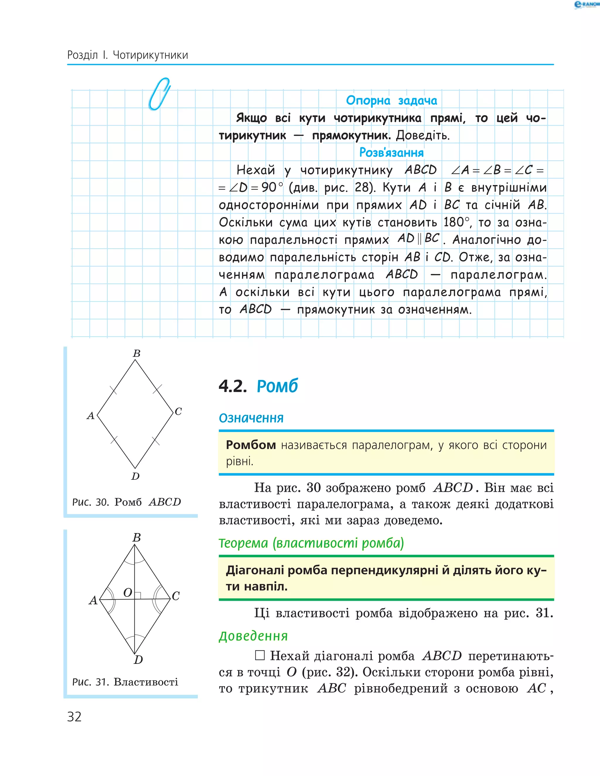 32
Розділ І. Чотирикутники
Опорна задача
Якщо всі кути чотирикутника прямі, то цей чо-
тирикутник — прямокутник. Доведіть.
Розв‛язання
Нехай у чотирикутнику ABCD ∠ = ∠ = ∠ = ∠ =A B C D 90
∠ = ∠ = ∠ = ∠ =A B C D 90° (див. рис. 28). Кути A і B є внутрішніми
односторонніми при прямих AD і BC та січній AB.
Оскільки сума цих кутів становить 180°, то за озна-
кою паралельності прямих AD BC . Аналогічно до-
водимо паралельність сторін AB і CD. Отже, за озна-
ченням паралелограма ABCD — паралелограм.
А оскільки всі кути цього паралелограма прямі,
то ABCD — прямокутник за означенням.
4.2. Ромб
Означення
ромбом називається паралелограм, у якого всі сторони
рівні.
На рис. 30 зображено ромб ABCD. Він має всі
властивості паралелограма, а також деякі додаткові
властивості, які ми зараз доведемо.
Теорема (властивості ромба)
діагоналі ромба перпендикулярні й ділять його ку-
ти навпіл.
Ці властивості ромба відображено на рис. 31.
Доведення
 Нехай діагоналі ромба ABCD перетинають-
ся в точці O (рис. 32). Оскільки сторони ромба рівні,
то трикутник ABC рівнобедрений з основою AC ,
A
B
C
D
Рис. 30. Ромб ABCD
A
B
C
D
O
Рис. 31. Властивості
 