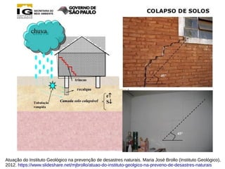 Atuação do Instituto Geológico na prevenção de desastres naturais. Maria José Brollo (Instituto Geológico),
2012. https://www.slideshare.net/mjbrollo/atuao-do-instituto-geolgico-na-preveno-de-desastres-naturais
 