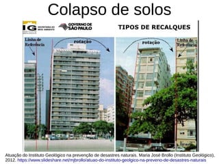 Colapso de solos
Atuação do Instituto Geológico na prevenção de desastres naturais. Maria José Brollo (Instituto Geológico),
2012. https://www.slideshare.net/mjbrollo/atuao-do-instituto-geolgico-na-preveno-de-desastres-naturais
 