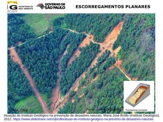 Atuação do Instituto Geológico na prevenção de desastres naturais. Maria José Brollo (Instituto Geológico),
2012. https://www.slideshare.net/mjbrollo/atuao-do-instituto-geolgico-na-preveno-de-desastres-naturais
 