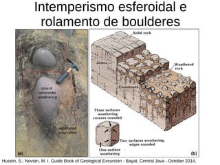 Intemperismo esferoidal e
rolamento de boulderes
Husein, S.; Novian, M. I. Guide Book of Geological Excursion - Bayat, Central Java - October 2014.
 