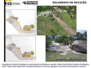 Atuação do Instituto Geológico na prevenção de desastres naturais. Maria José Brollo (Instituto Geológico),
2012. https://www.slideshare.net/mjbrollo/atuao-do-instituto-geolgico-na-preveno-de-desastres-naturais
 