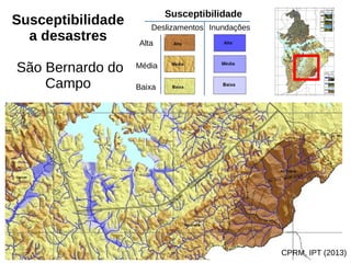Susceptibilidade
a desastres
São Bernardo do
Campo
Susceptibilidade
Deslizamentos Inundações
Alta
Média
Baixa
CPRM, IPT (2013)
 